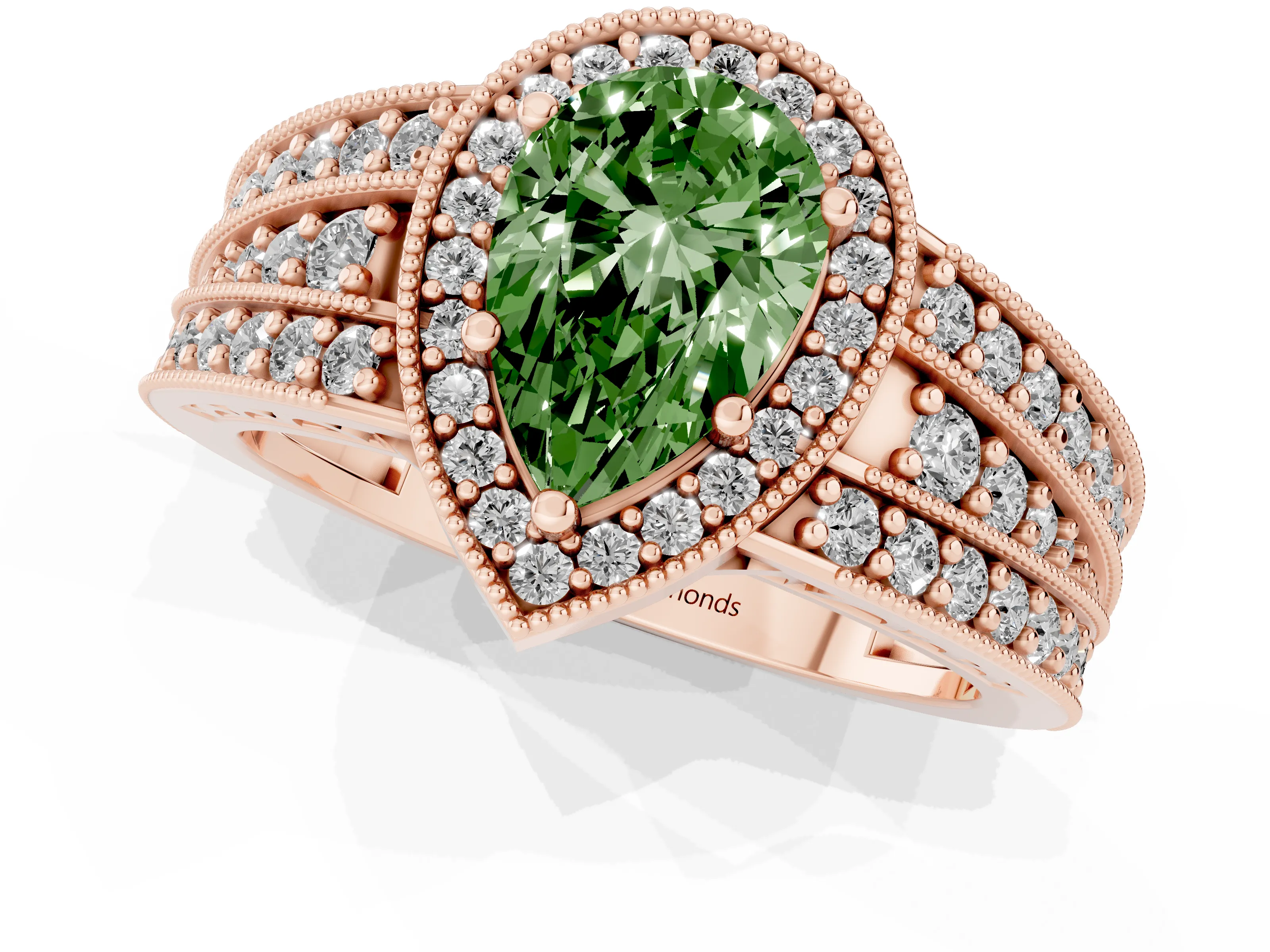 Fancy Green Pear Cut Diamond Halo Ring Set in Rose gold with Accent Split Shank and Prong Setting