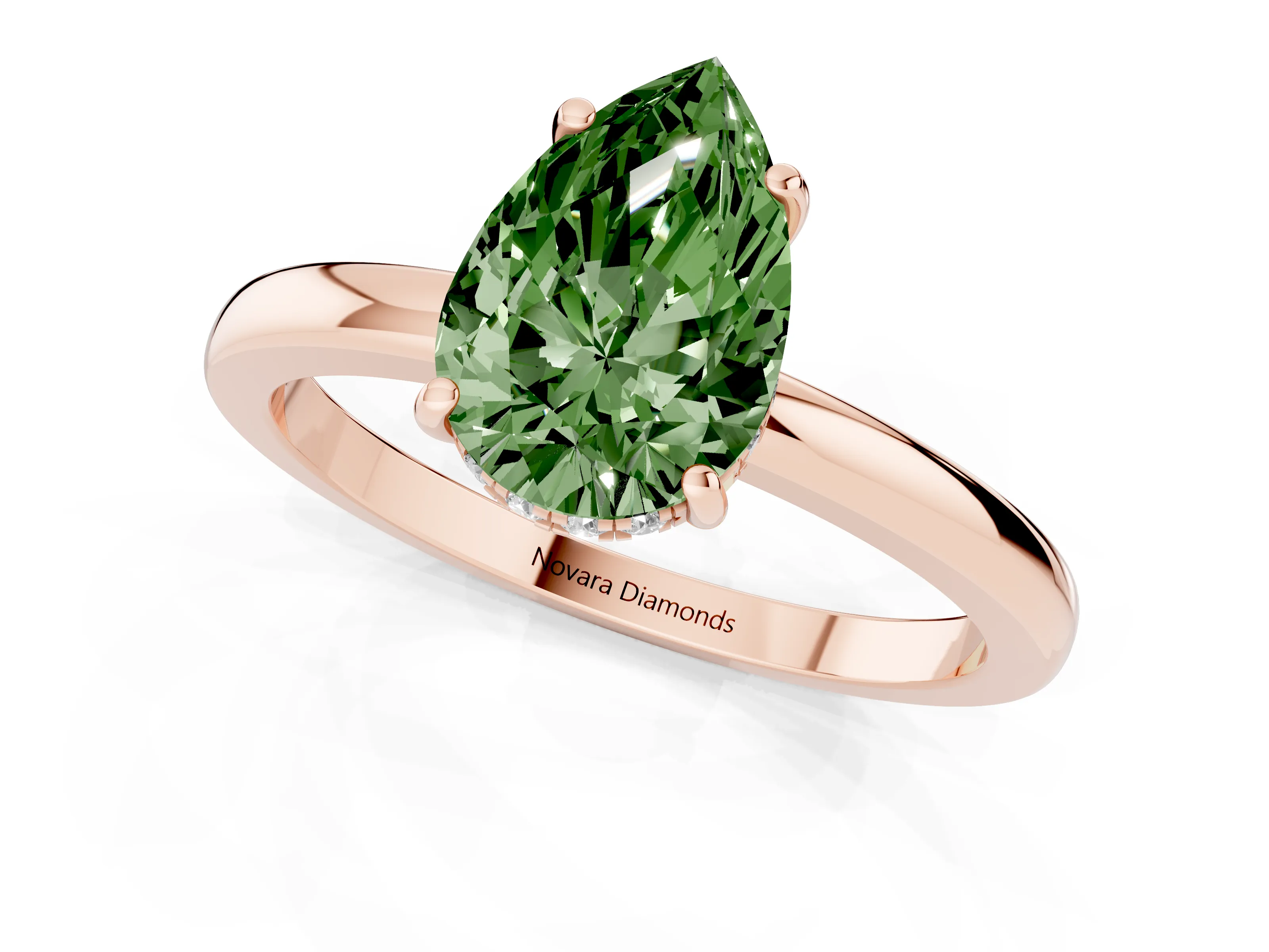 Fancy Green Pear Cut Diamond Solitaire Ring Set in Rose gold with Plain Band and Prong Setting