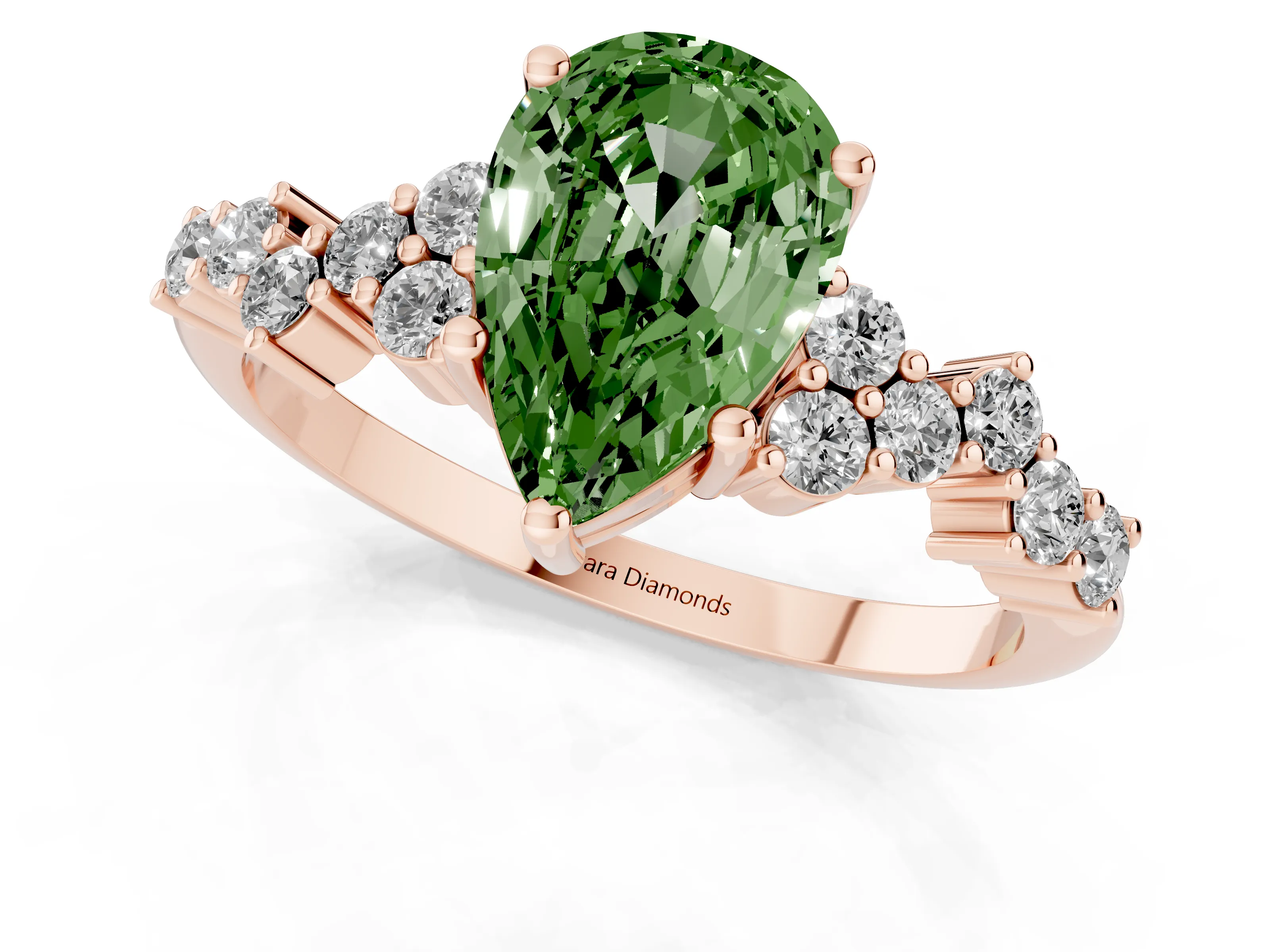 Fancy Green Pear Cut Diamond Ring Set in Rose gold with Scattered Round Accents