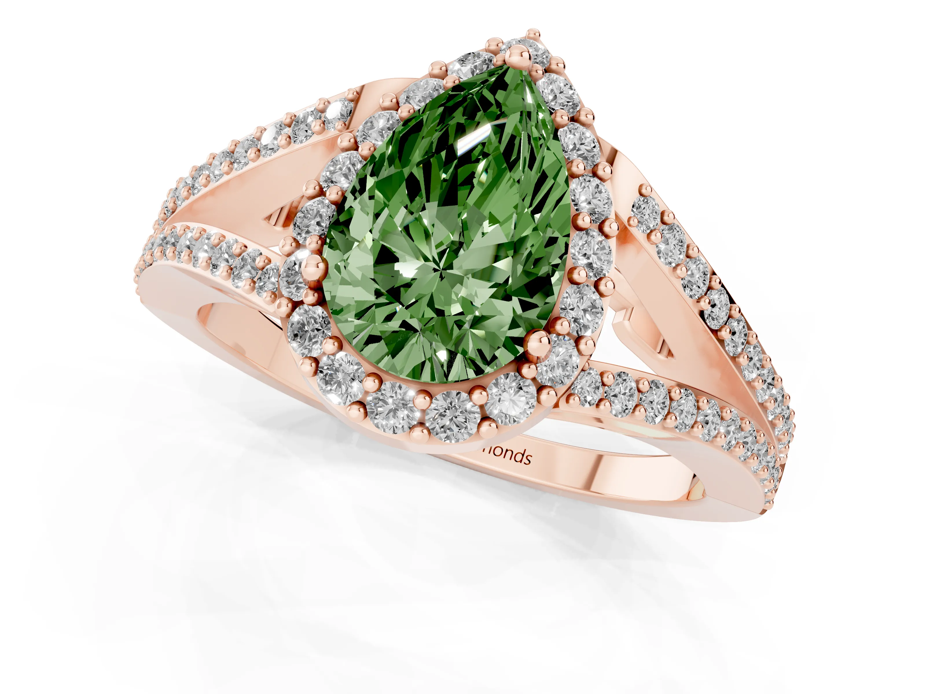 Fancy Green Pear Cut Diamond Halo Split Shank Pavé Ring Set in Rose gold with Prong Setting