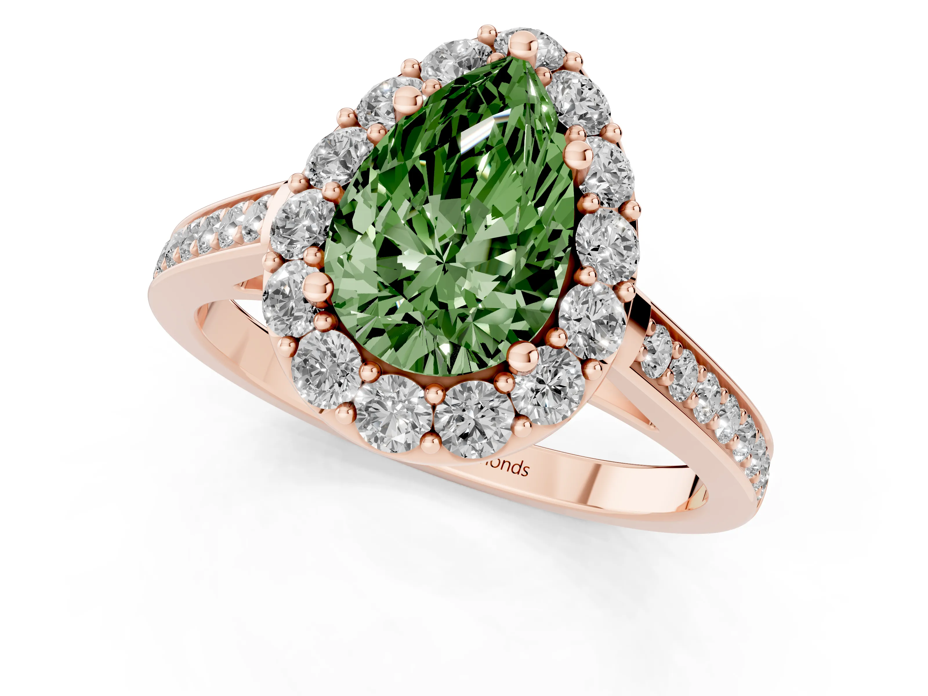 Fancy Green Pear Cut Diamond Floral Halo Ring Set in Rose gold with Pavé Band and Prong Setting