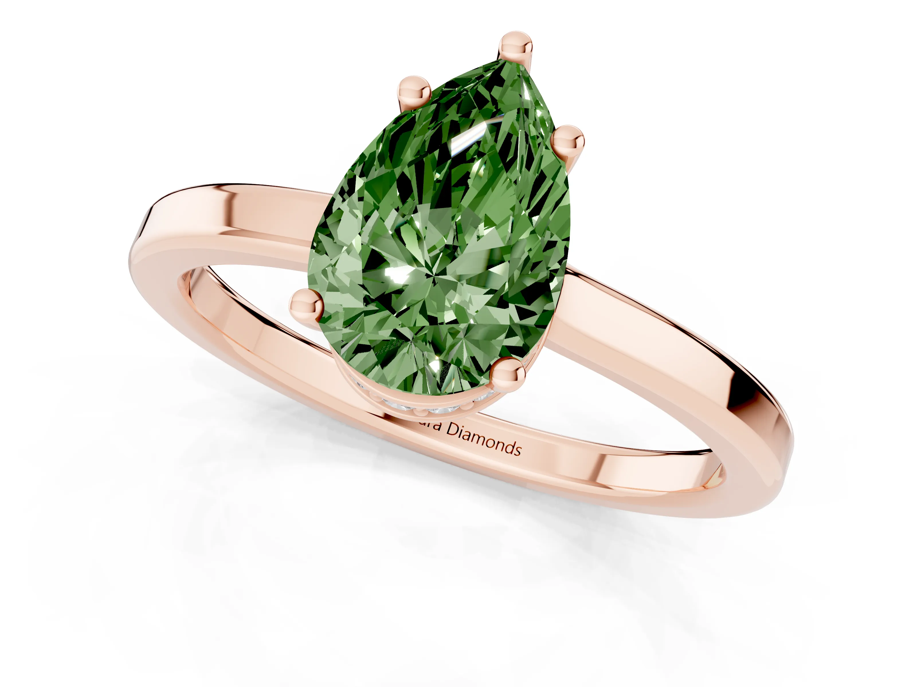 Fancy Green Pear Cut Diamond Solitaire Engagement Ring Set in Rose gold with Prong Setting on a Plain Band