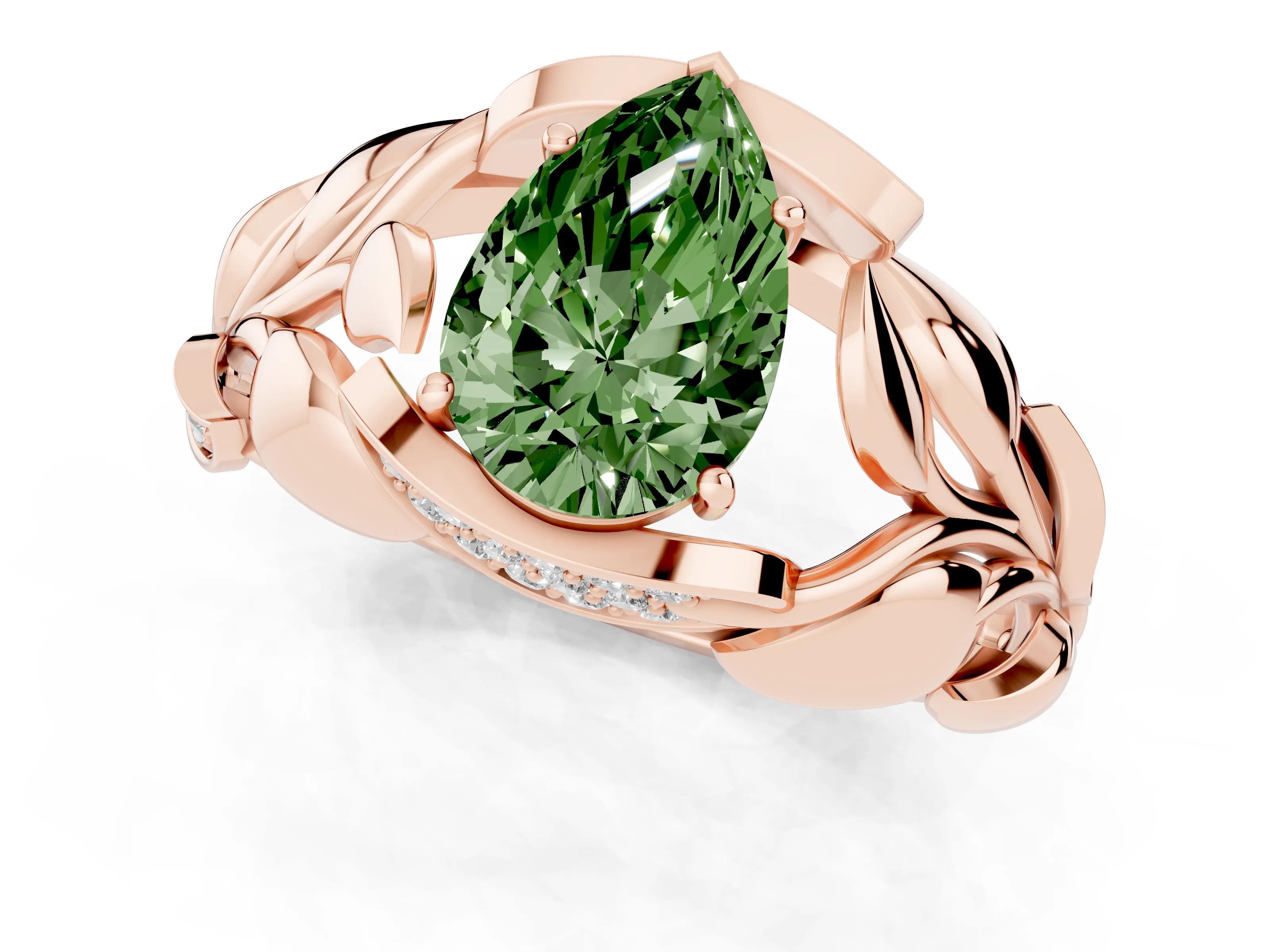 Fancy Green Pear Cut Diamond Leaf-Inspired Engagement Ring Set in Rose gold with Round Accents