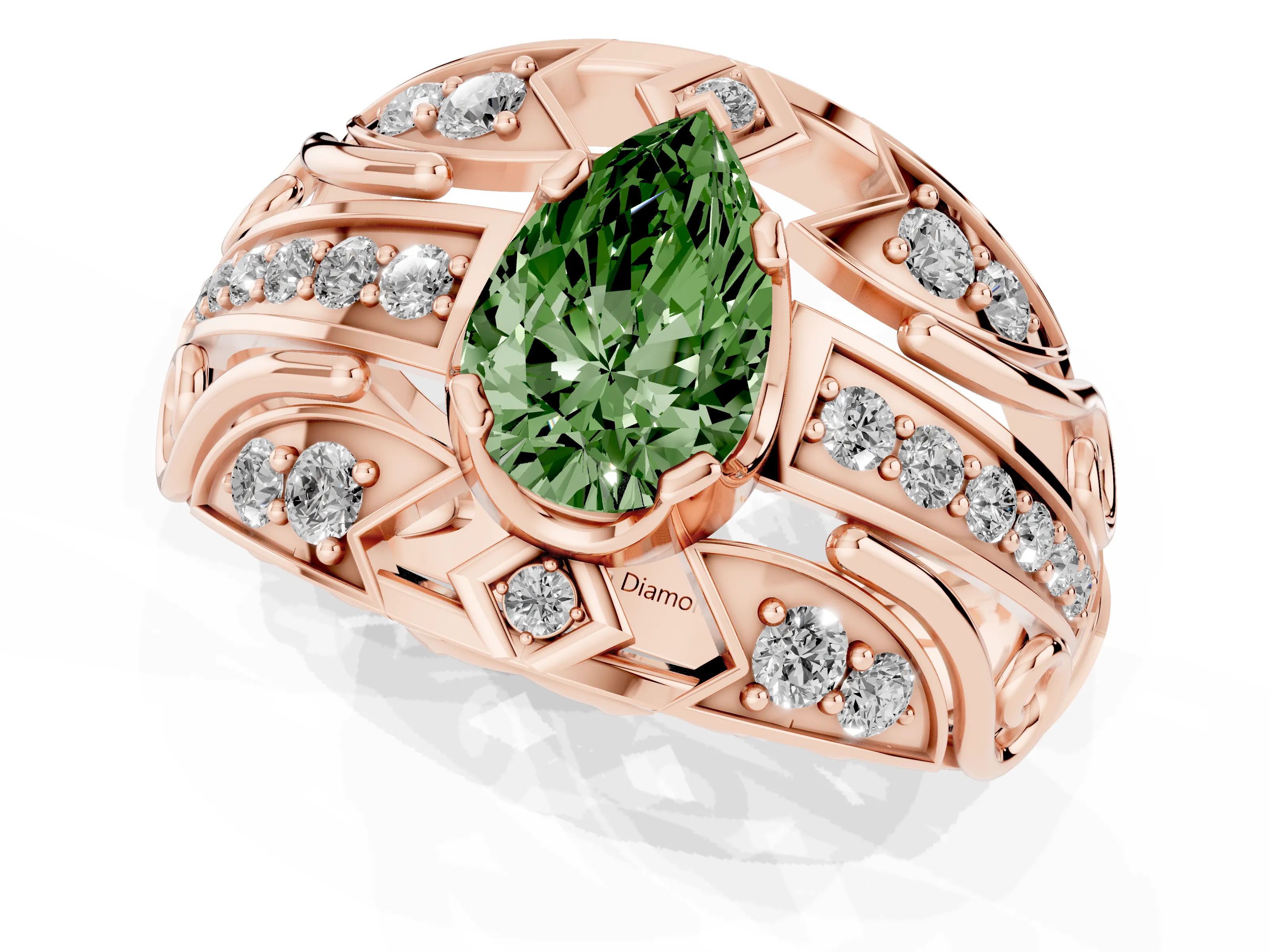 Fancy Green Pear Cut Diamond Art Deco Ring Set in Rose gold with Pavé Split Shank