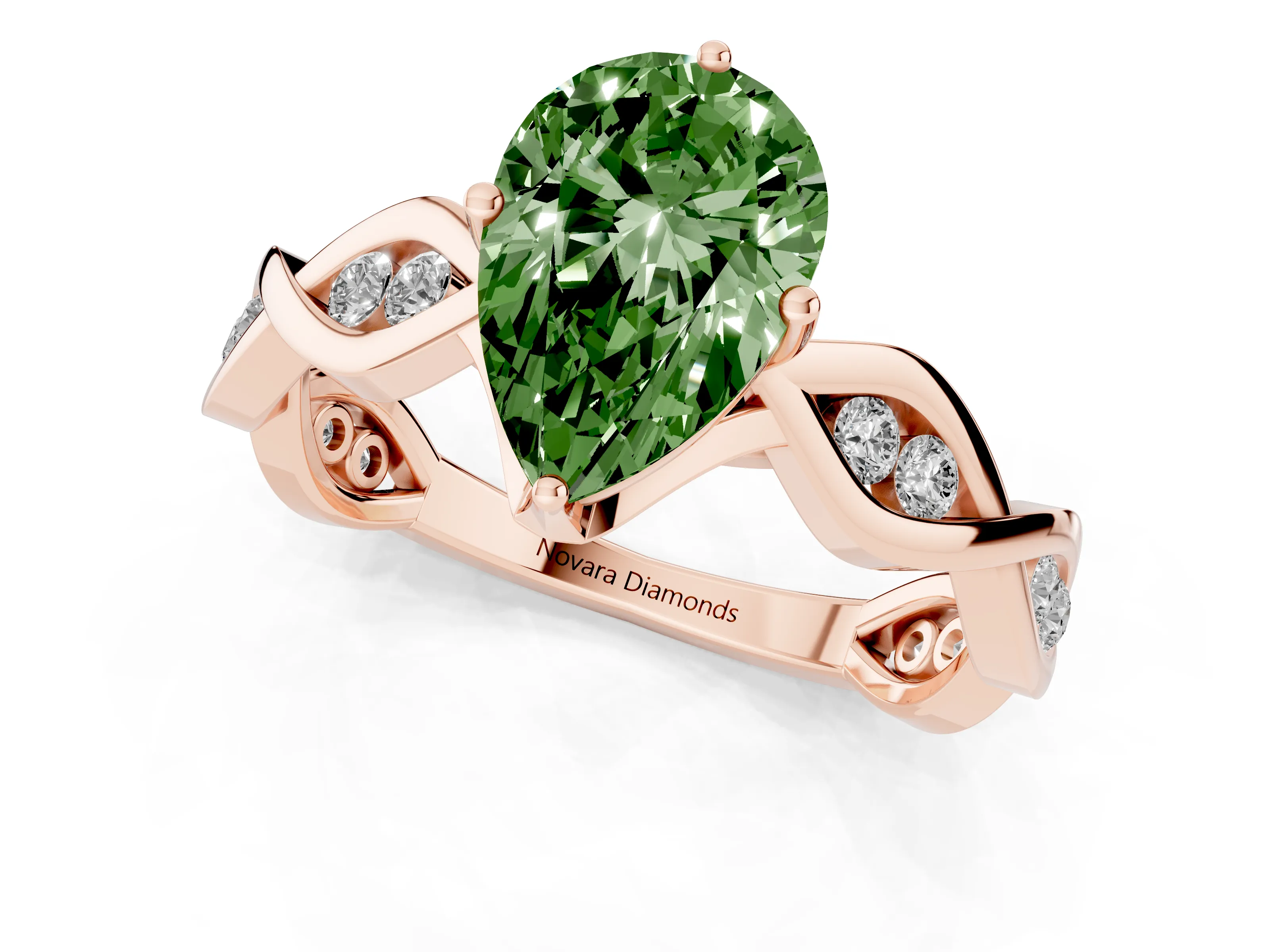 Fancy Green Pear Cut Diamond Twist Band Solitaire Ring Set in Rose gold with Leaf Prong Setting and Accent Stones