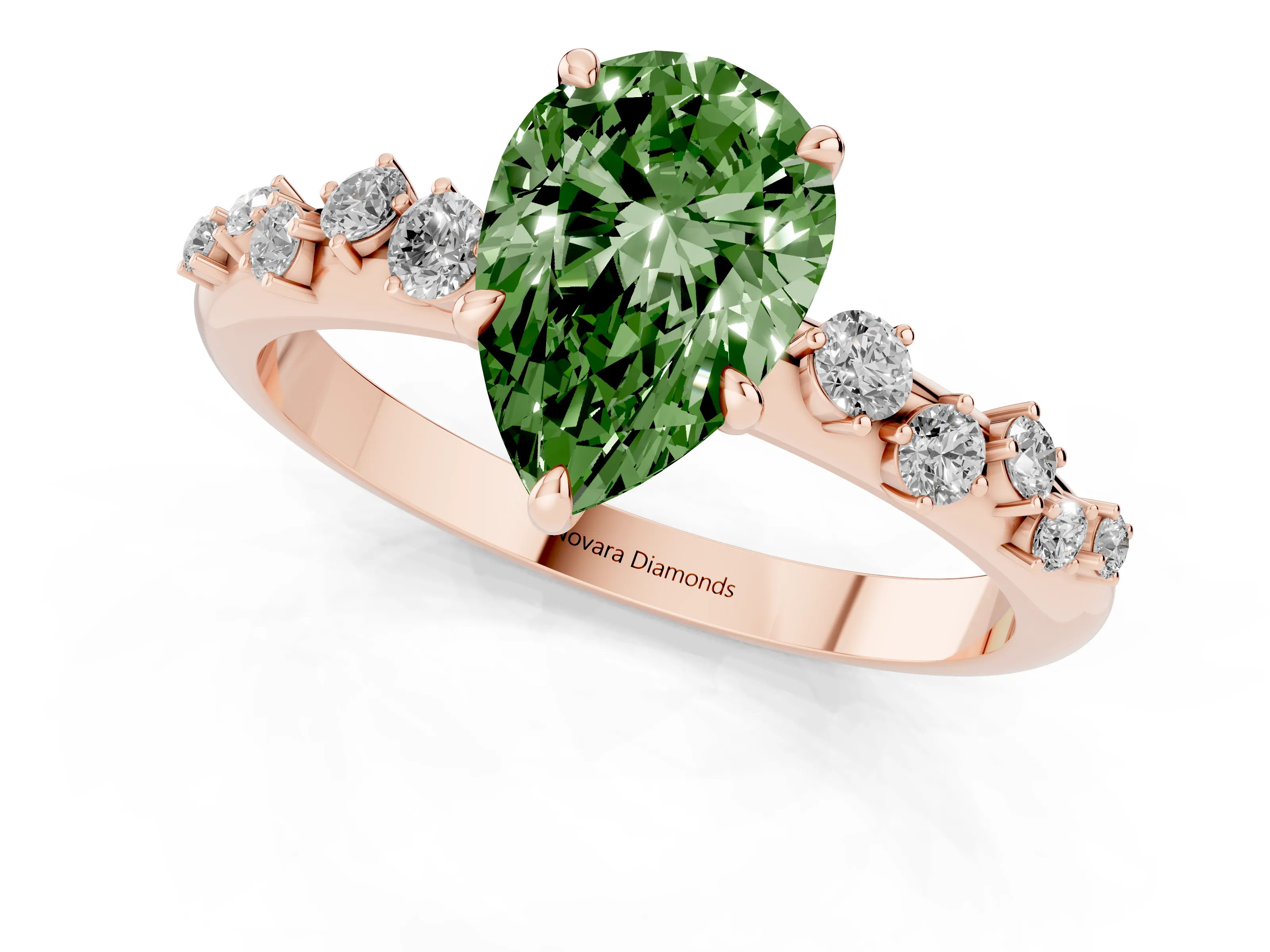 Fancy Green Pear Cut Diamond Cluster Solitaire Ring Set in Rose gold with Prong Setting