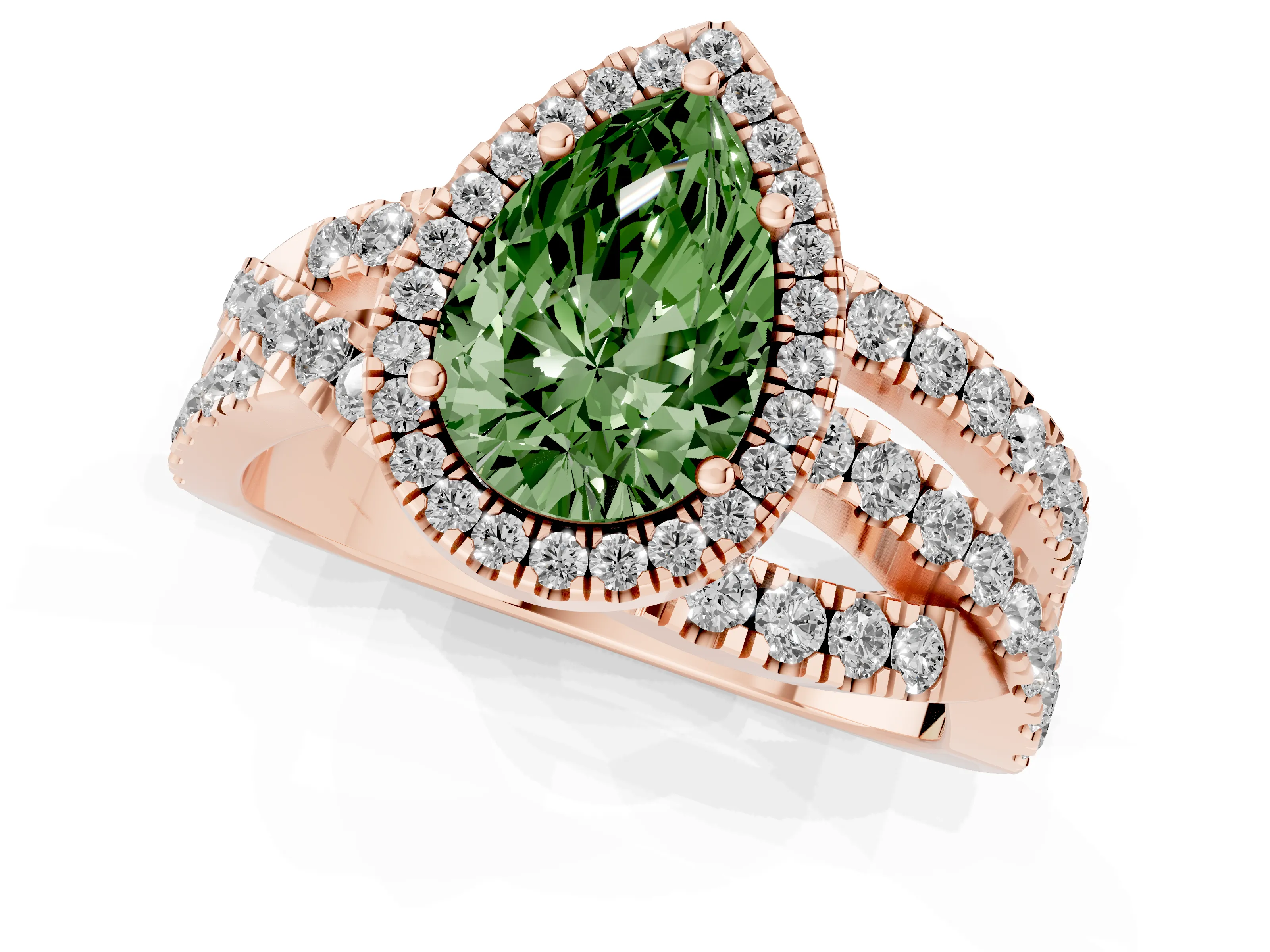 Fancy Green Pear Cut Diamond Halo Ring Set in Rose gold with Round Crossover Split Shank and Prong Setting