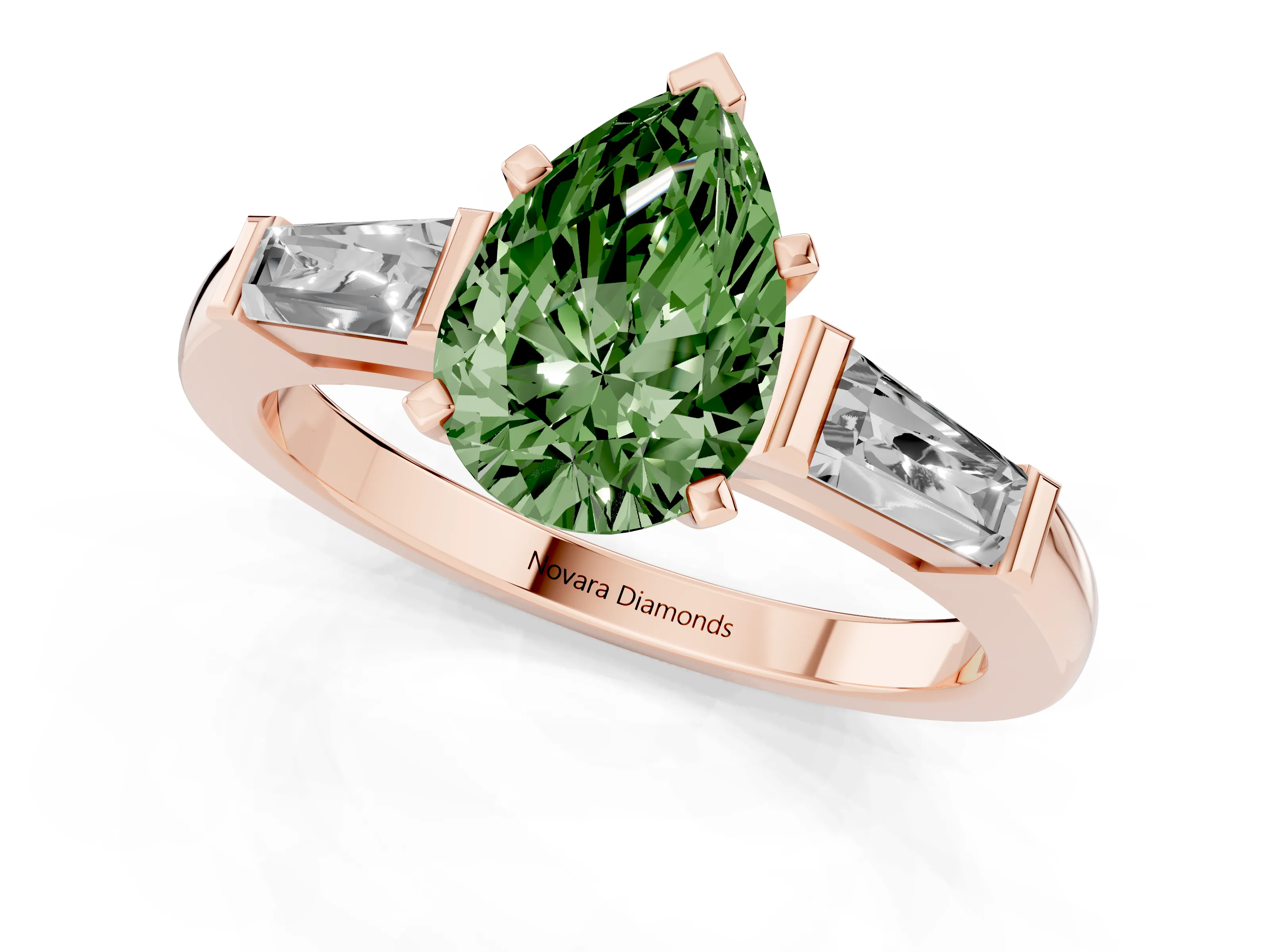 Fancy Green Pear Cut Diamond Solitaire Ring Set in Rose gold with Tapered Baguette Side Stones and Prong Setting