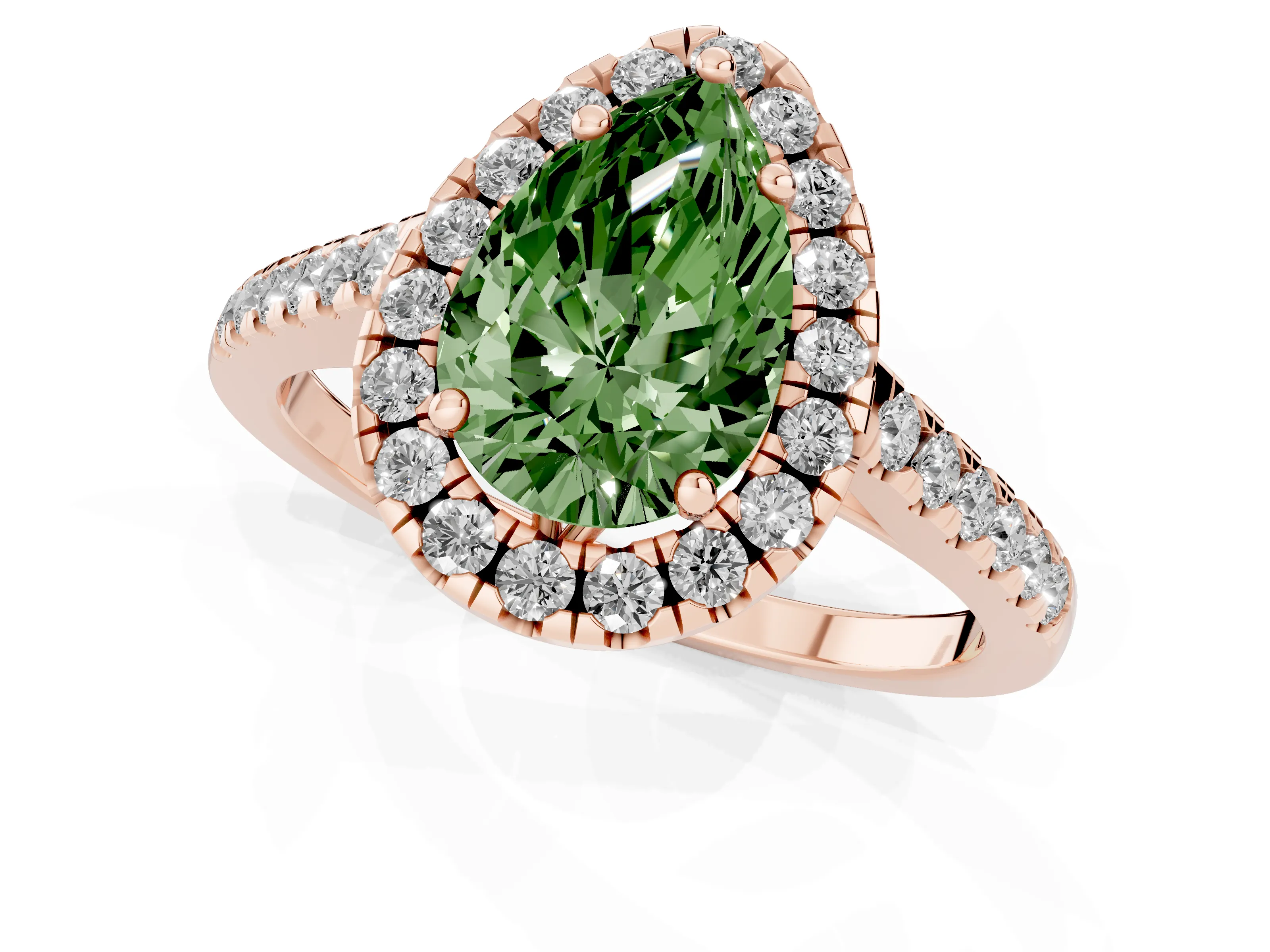 Fancy Green Pear Cut Diamond Pavé Halo Engagement Ring Set in Rose gold with Pavé Band and Prong Setting