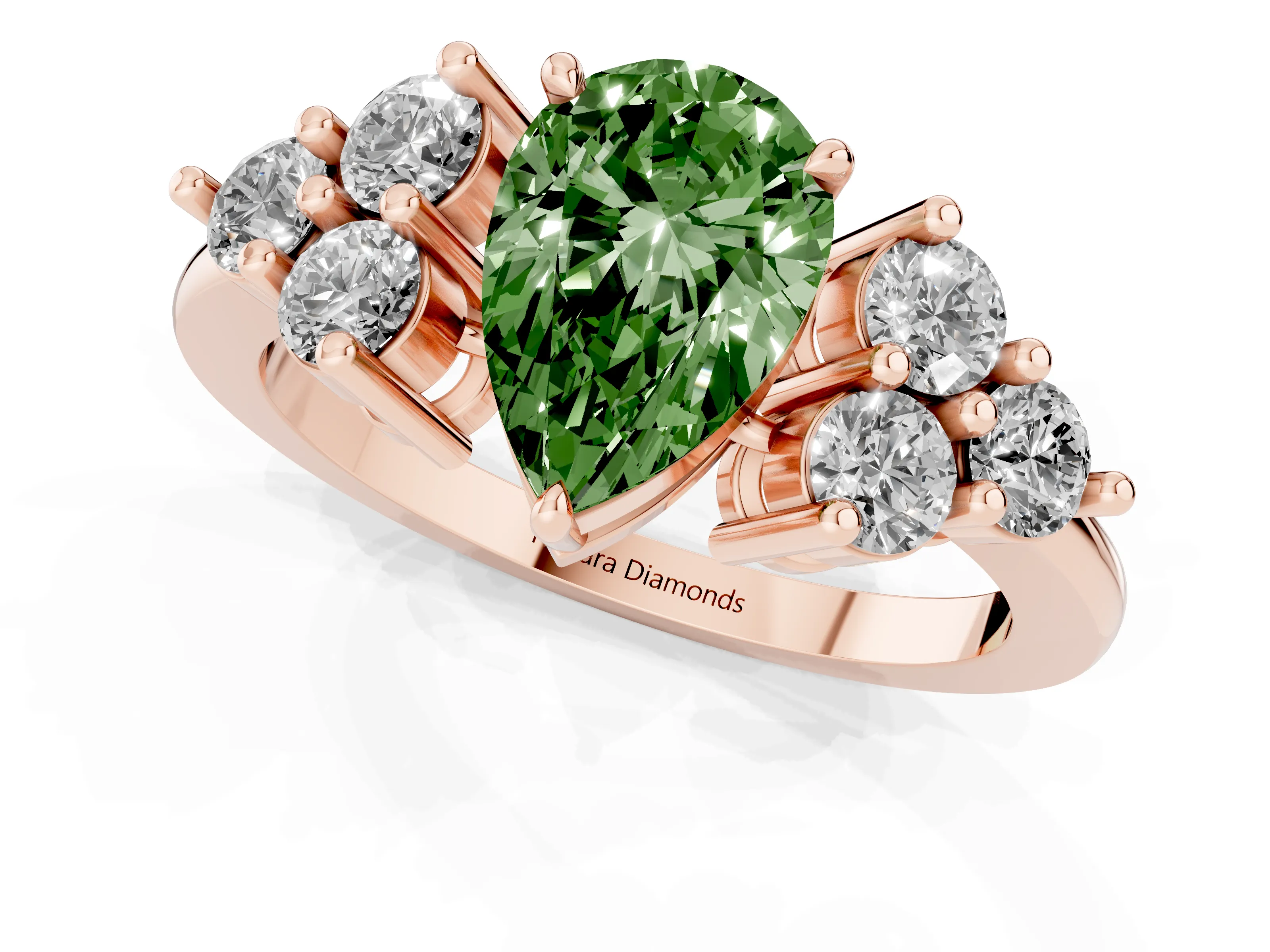 Fancy Green Pear Cut Diamond Solitaire Ring Set in Rose gold with Cluster Accents on Each Side