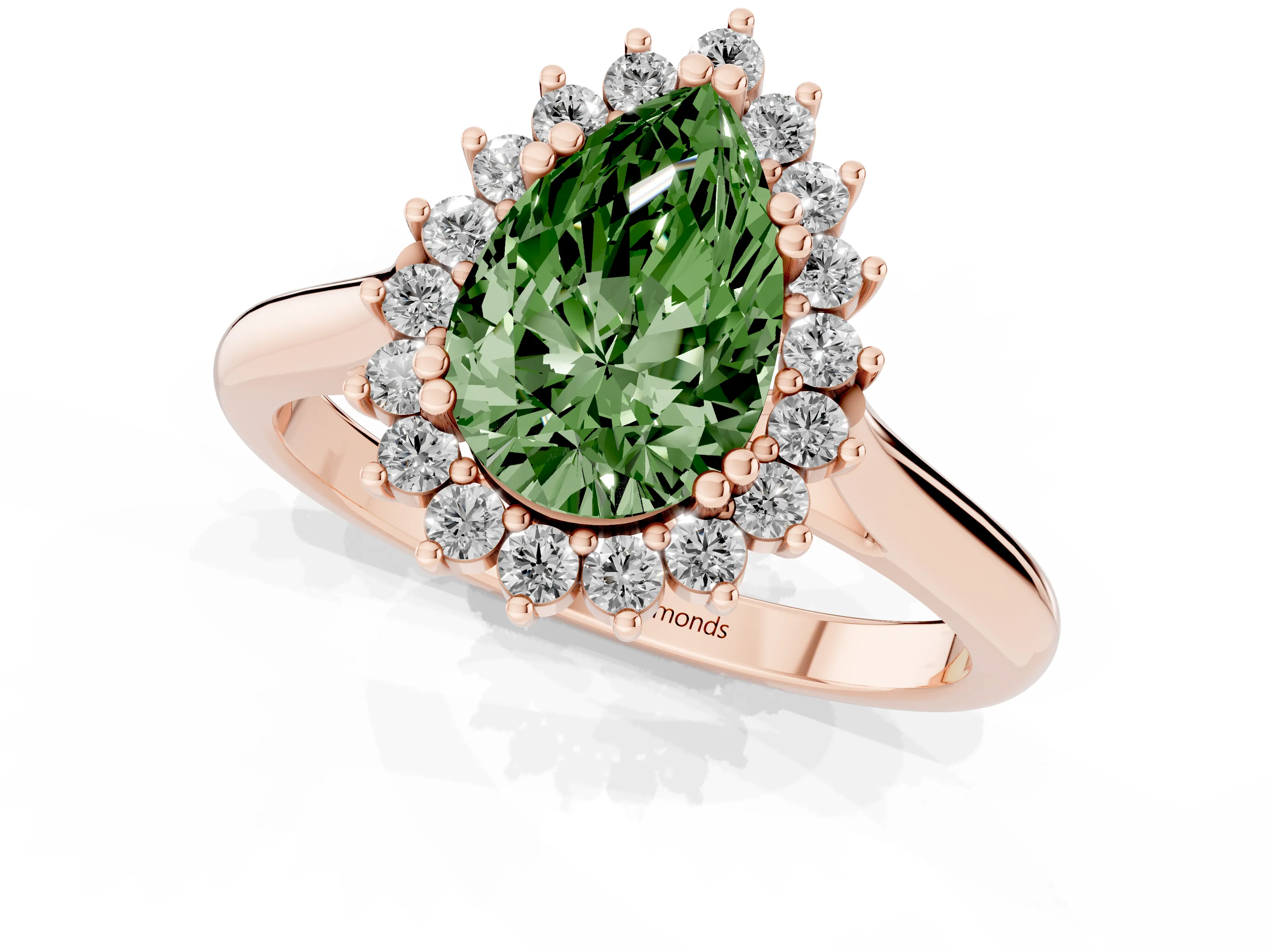 Fancy Green Pear Cut Diamond Halo Ring Set in Rose gold with Plain Solitaire Band and Prong Setting