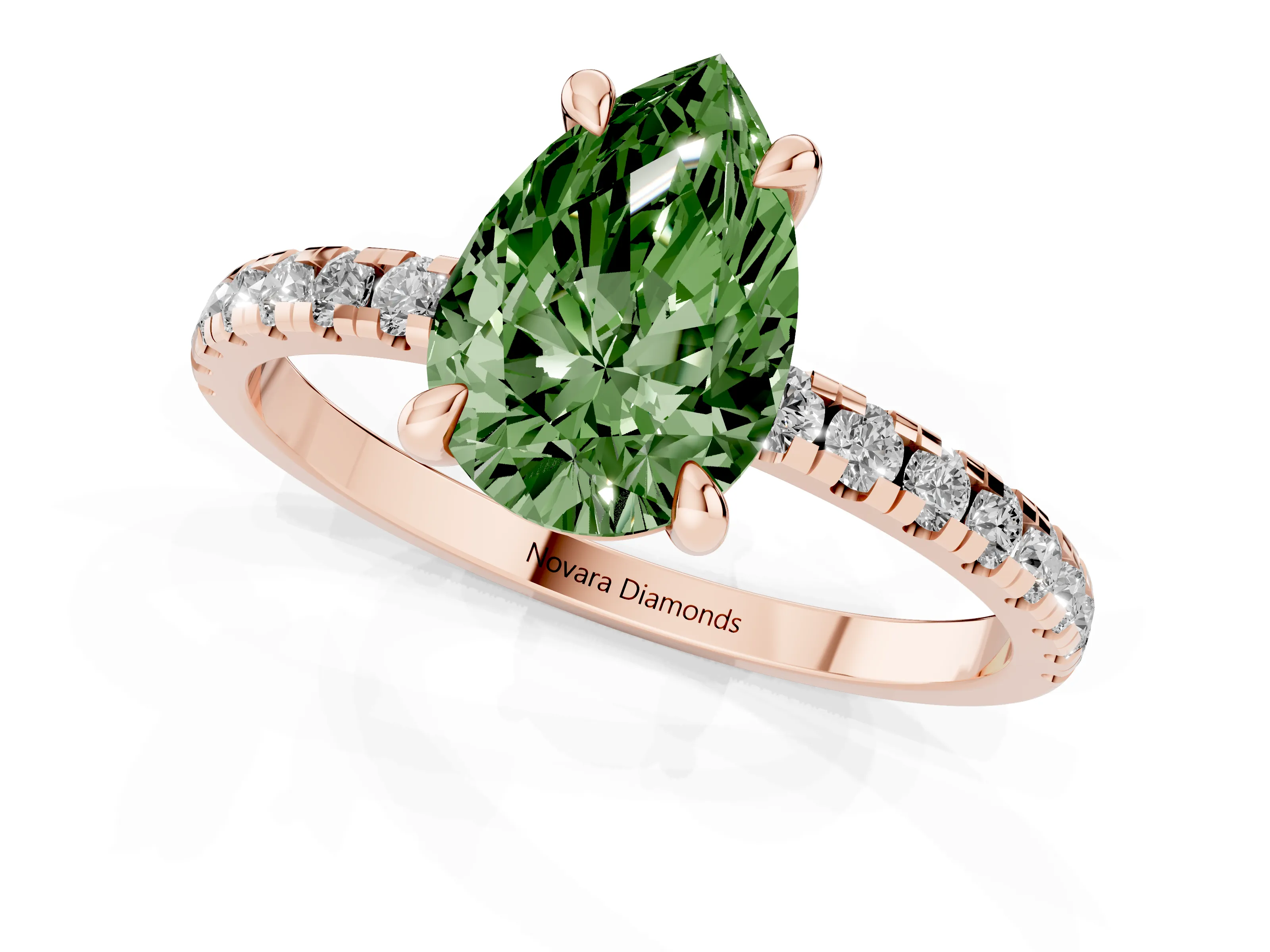 Fancy Green Pear Cut Diamond Brilliant Solitaire Ring Set in Rose gold with Pavé Band and Prong Setting