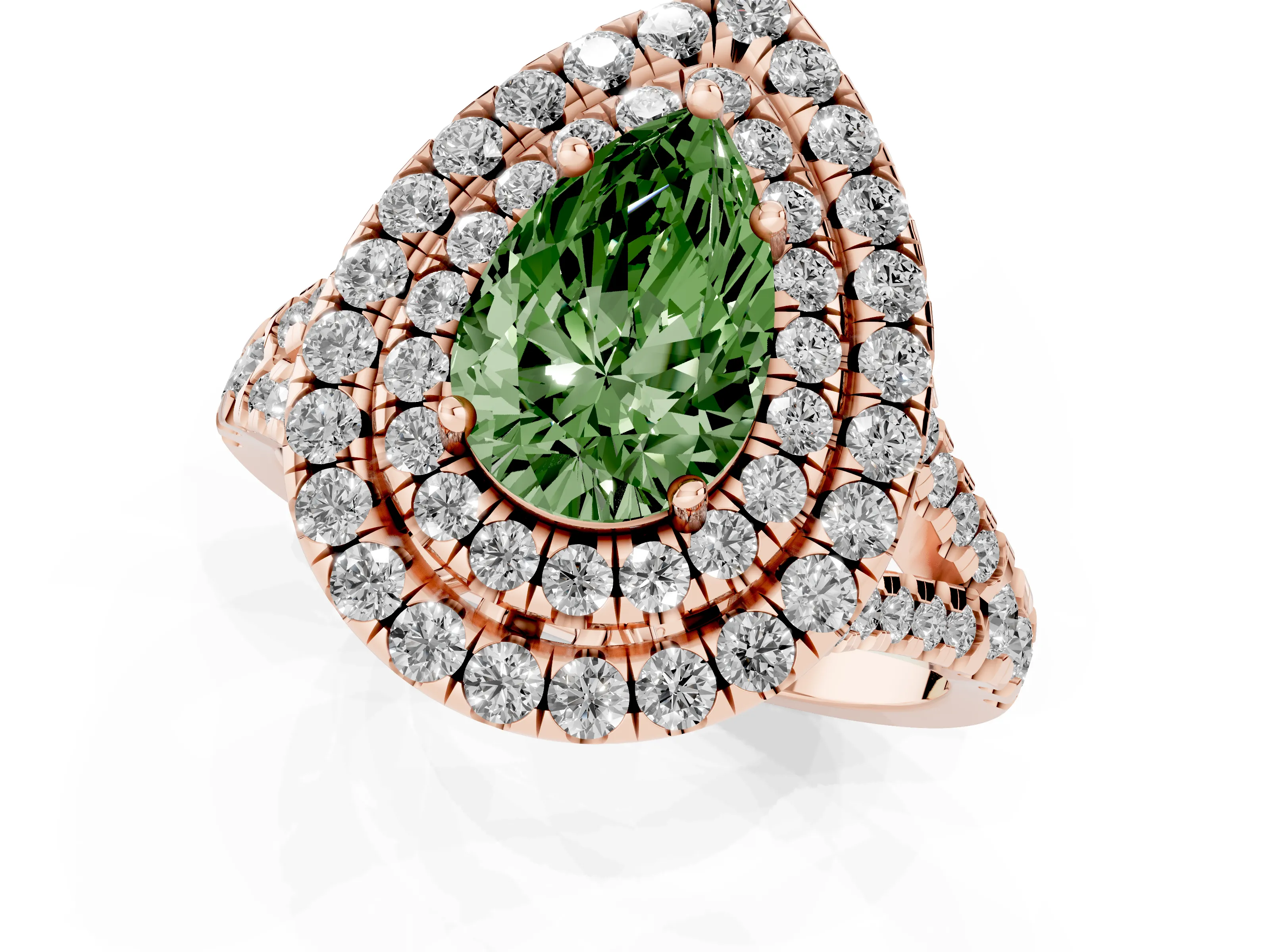 Fancy Green Pear Cut Diamond Double Halo Ring Set in Rose gold with Pavé Split Shank and Prong Setting