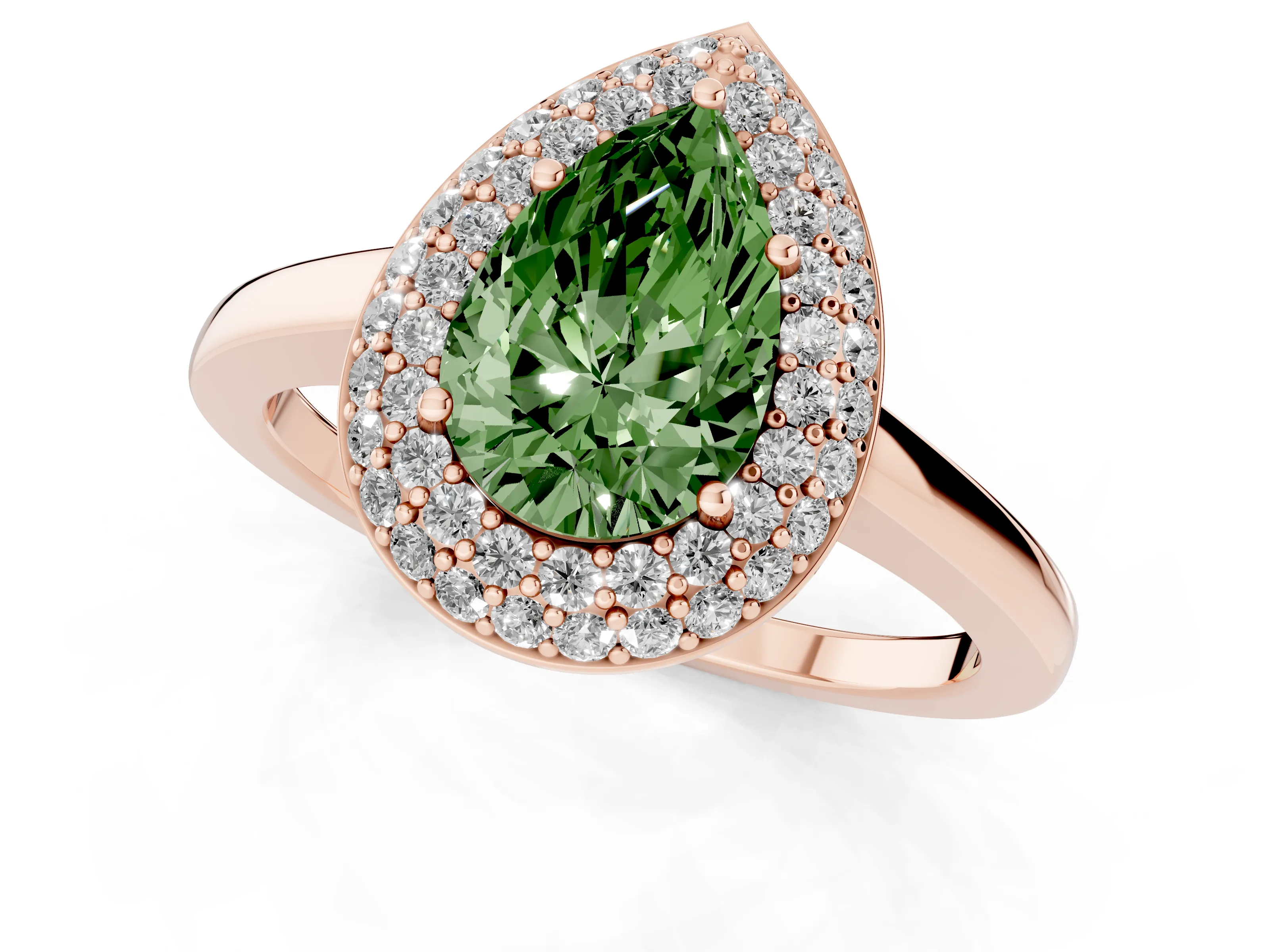 Fancy Green Pear Cut Diamond Halo Engagement Ring Set in Rose gold with Solitaire Band and Prong Setting