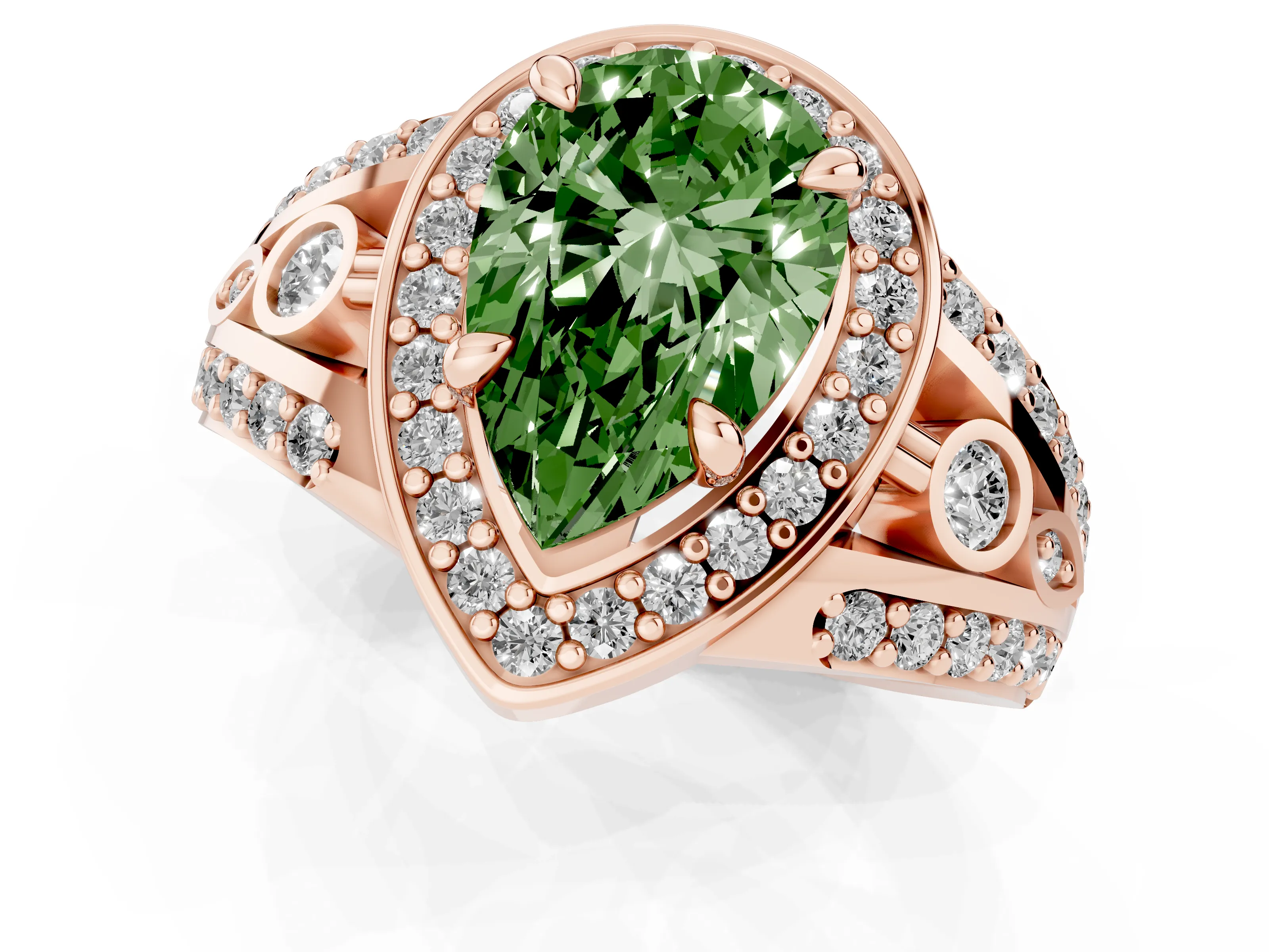 Fancy Green Pear Cut Diamond Halo Ring Set in Rose gold with Pavé Split Shank and Bezel Accents