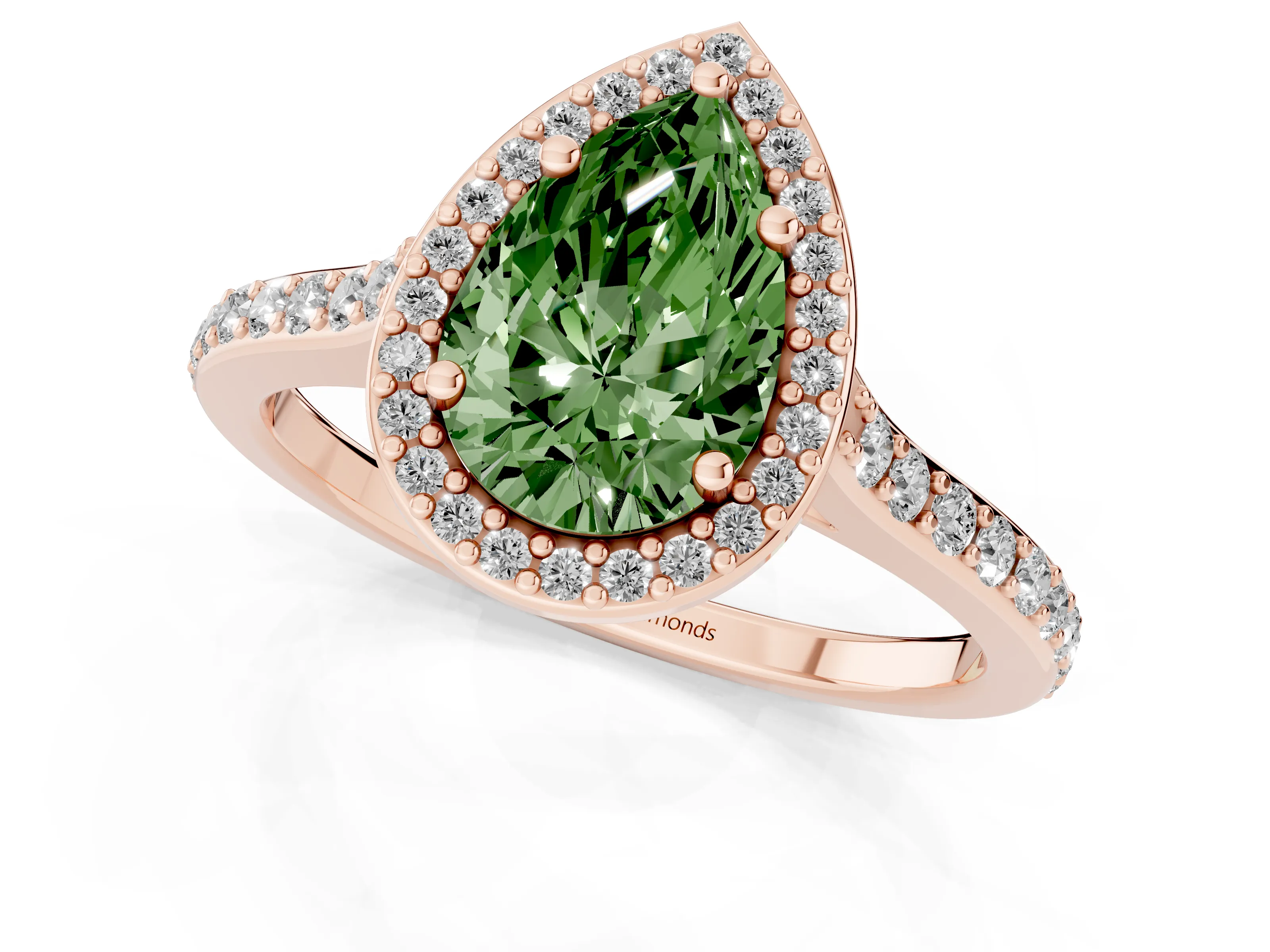 Fancy Green Pear Cut Diamond Halo Engagement Ring Set in Rose gold with Round Pavé Shoulders and Heart Gallery