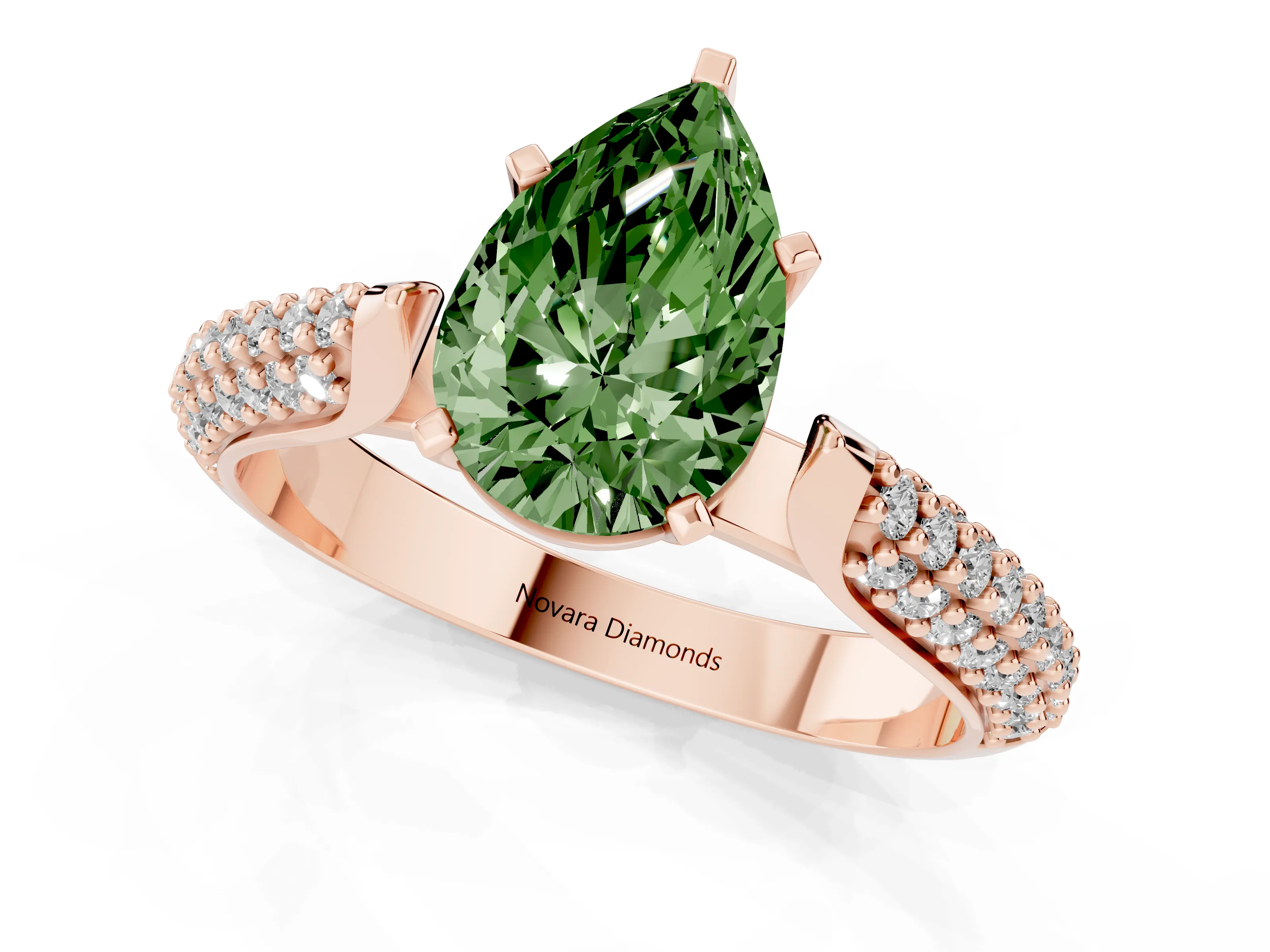 Fancy Green Pear Cut Diamond Solitaire Engagement Ring Set in Rose gold with Multi-Row Round Pavé Band and Prong Setting