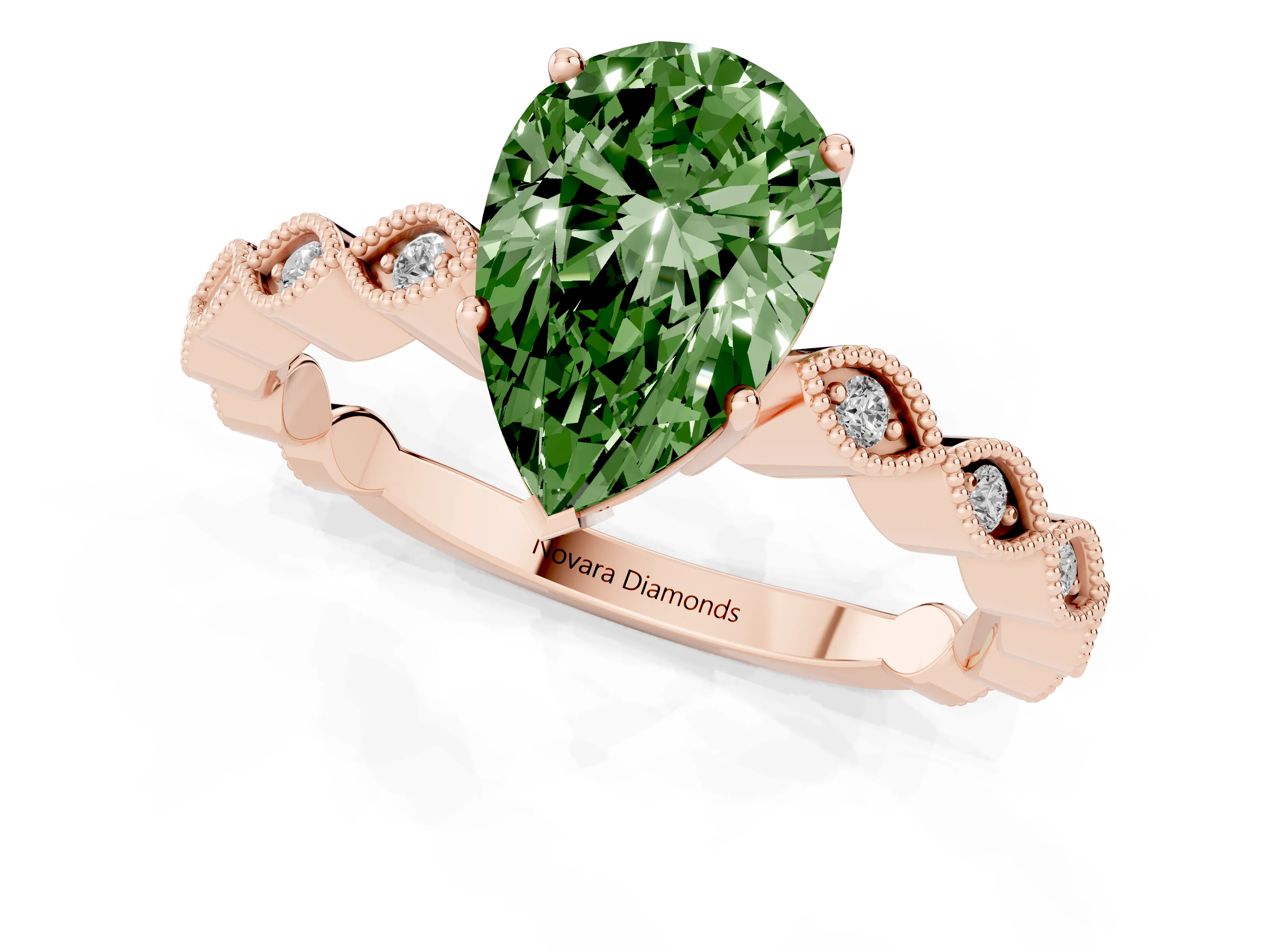 Fancy Green Pear Cut Diamond Solitaire Ring Set in Rose gold with Infinity Twist Pavé Band