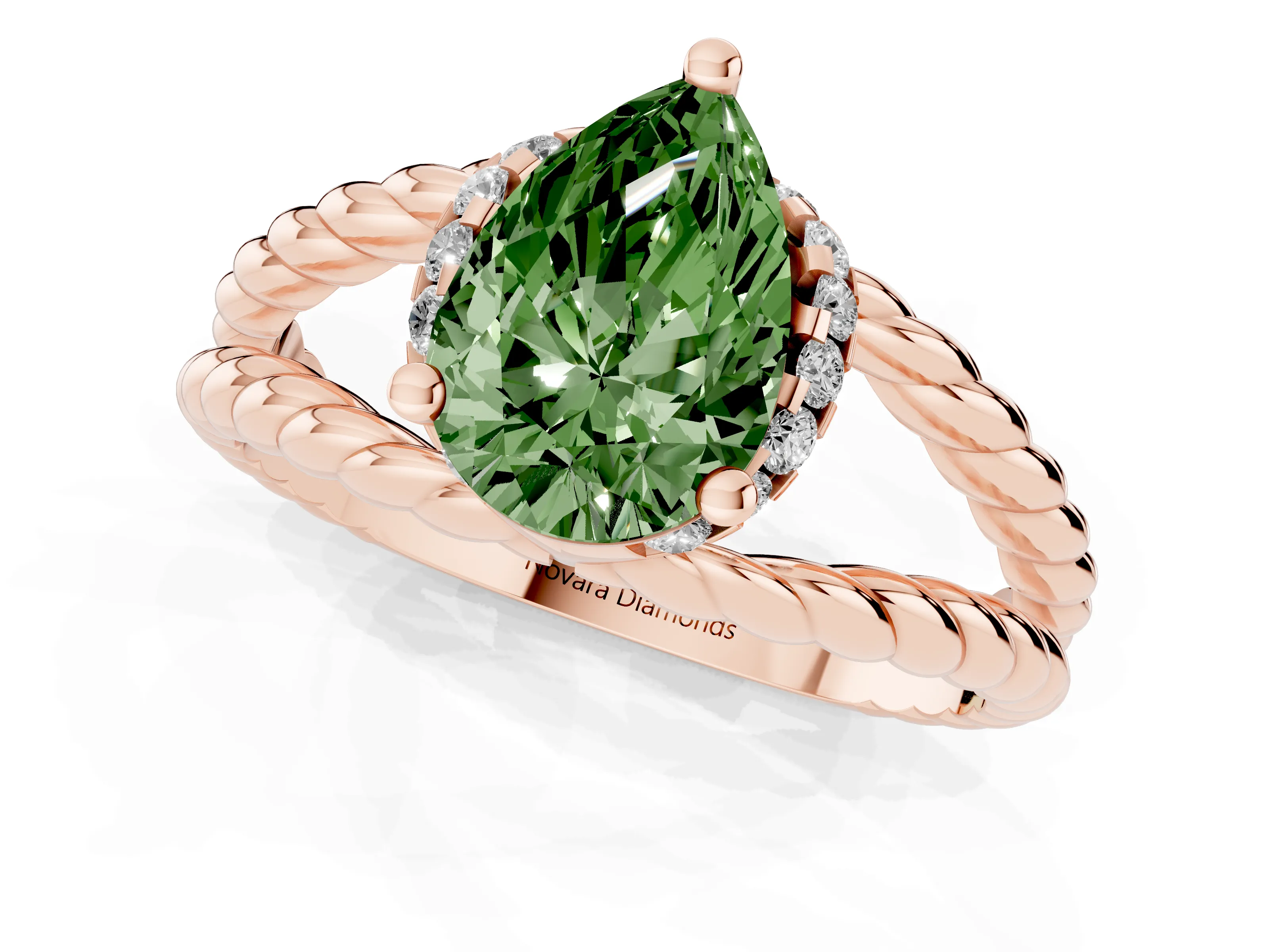 Fancy Green Pear Cut Diamond Halo Ring Set in Rose gold with Twisted Band and Prong Setting