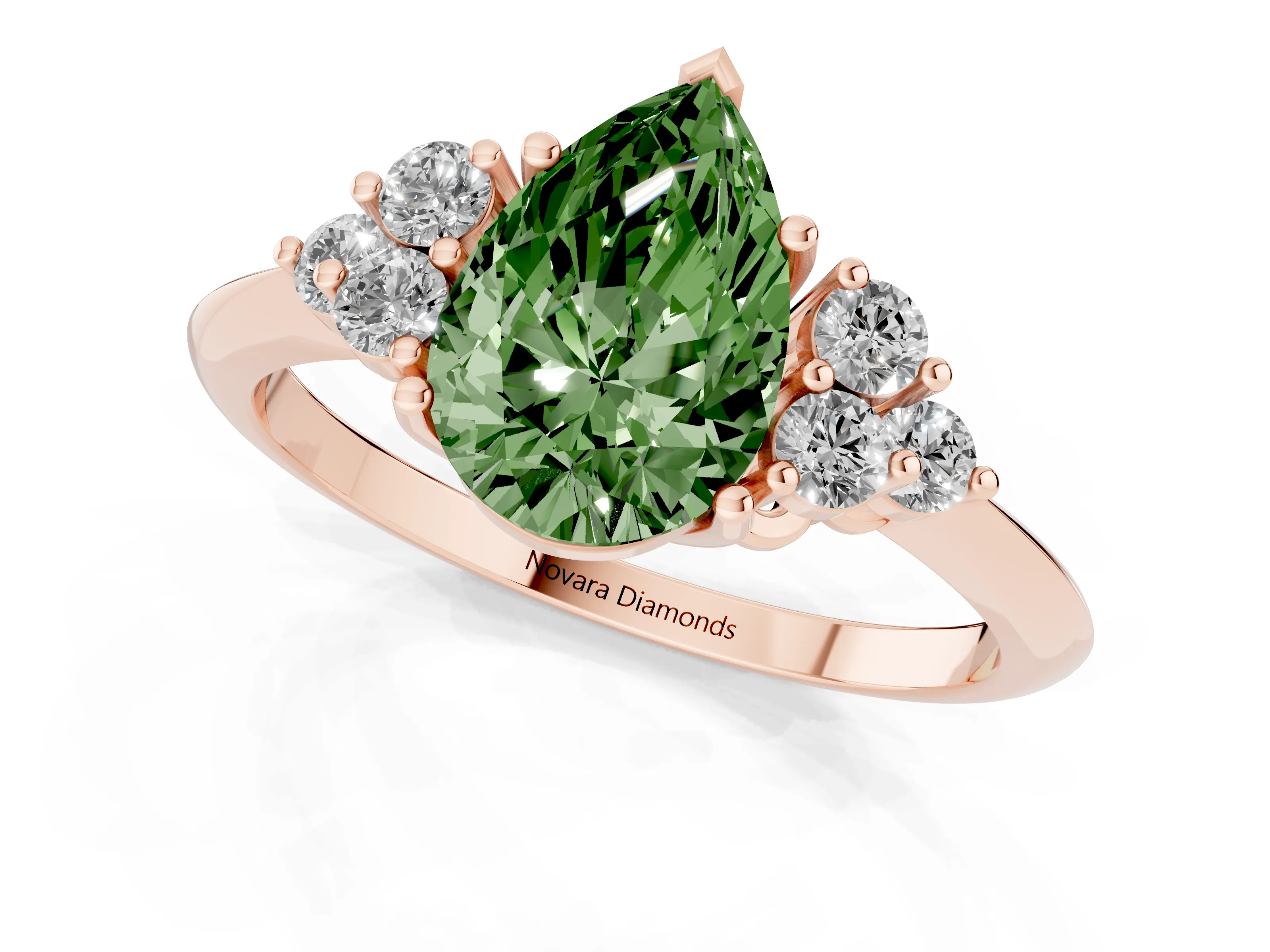 Fancy Green Pear Cut Diamond Cluster Ring Set in Rose gold with Plain Band and Prong Setting