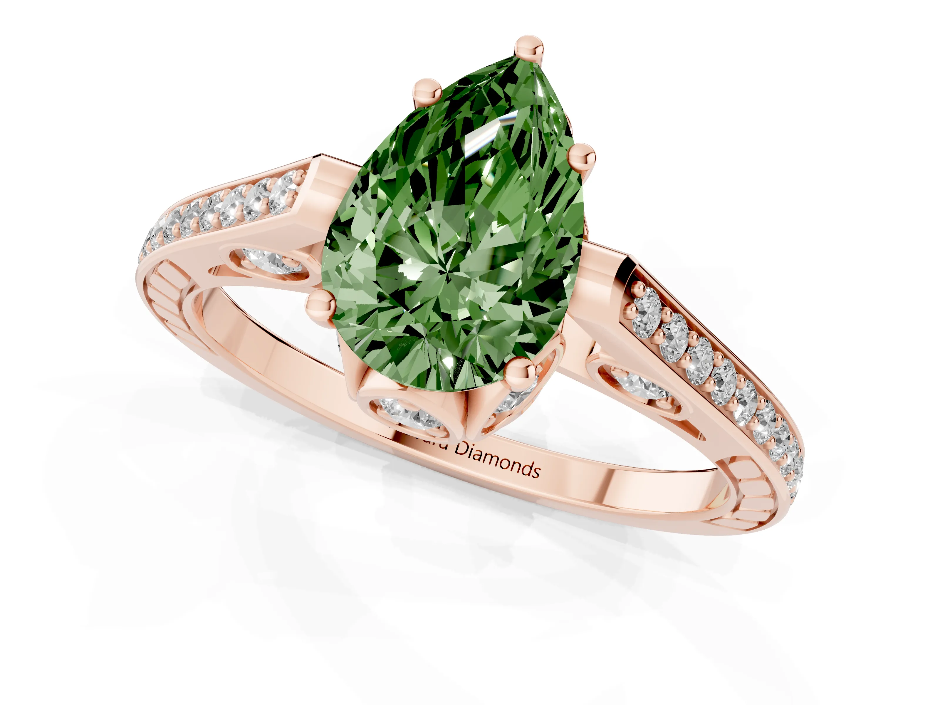 Fancy Green Pear Cut Diamond Cathedral Pavé Engagement Ring Set in Rose gold with Prong Setting