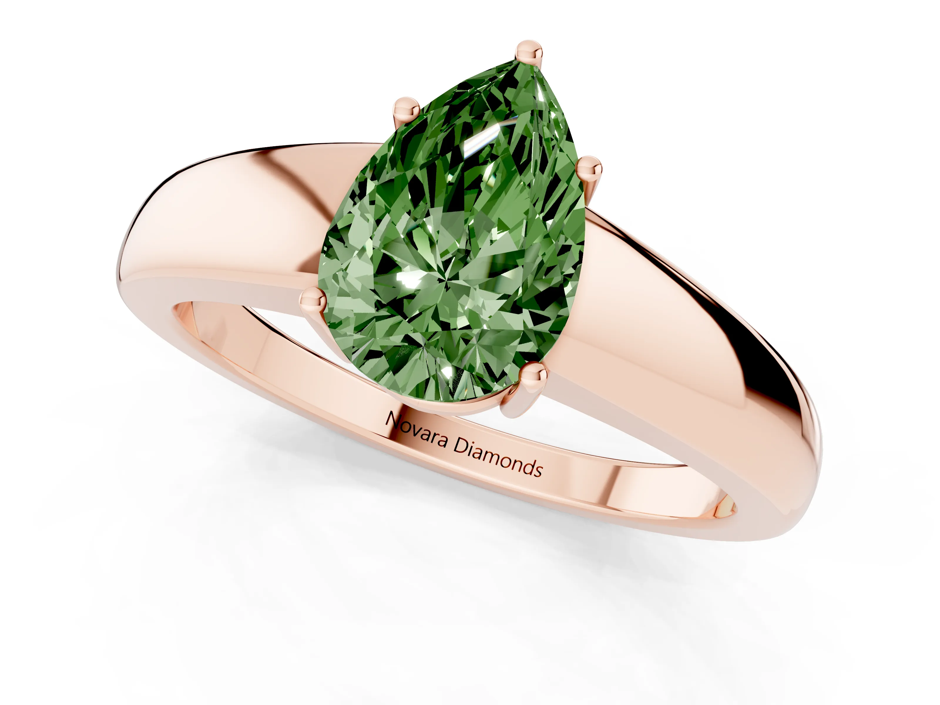 Fancy Green Pear Cut Diamond Solitaire Ring Set in Rose gold with Tapered Band and Prong Setting