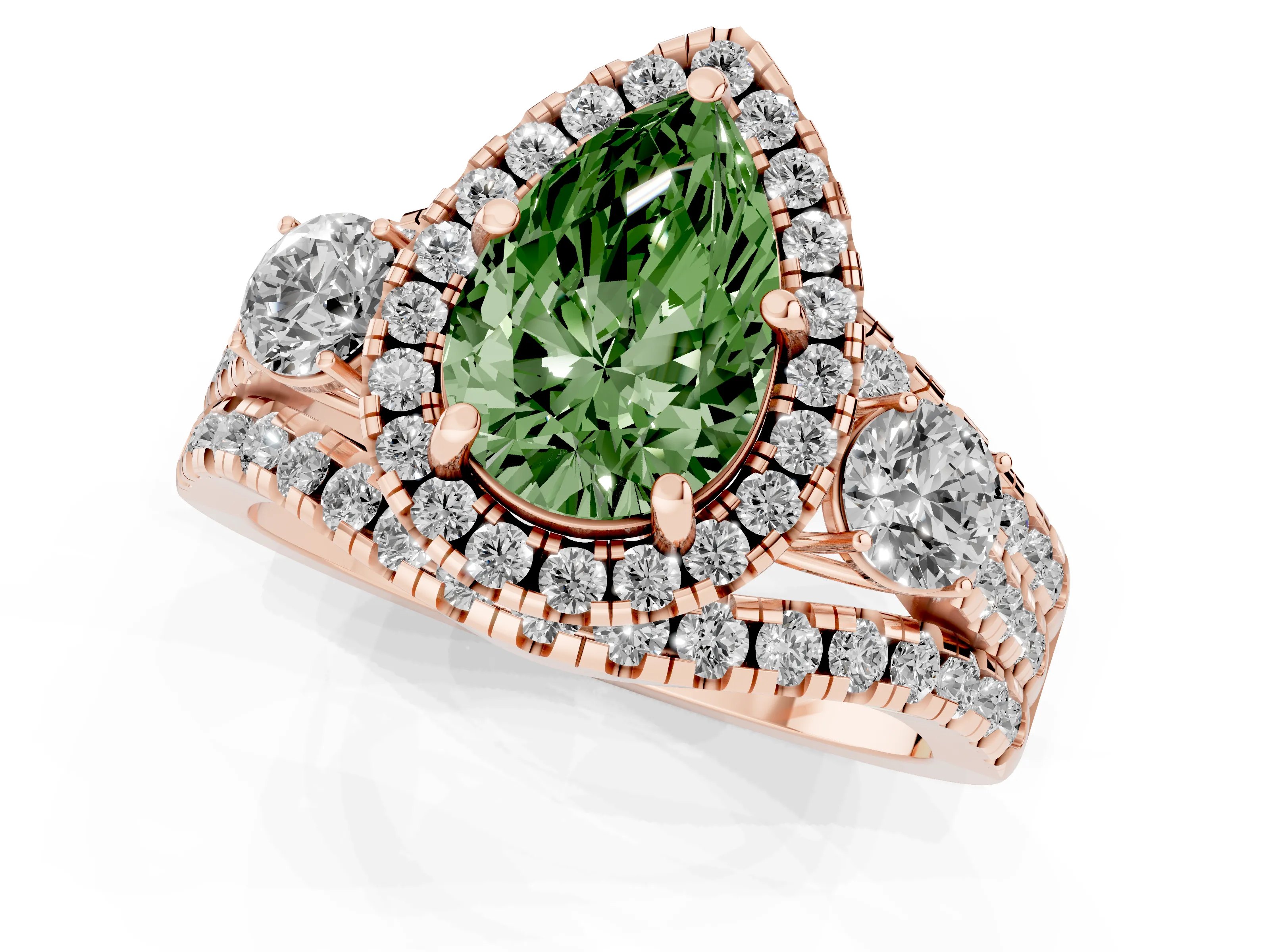Fancy Green Pear Cut Diamond Halo Split Shank Ring Set in Rose gold with Round Accent Stones and Prong Setting
