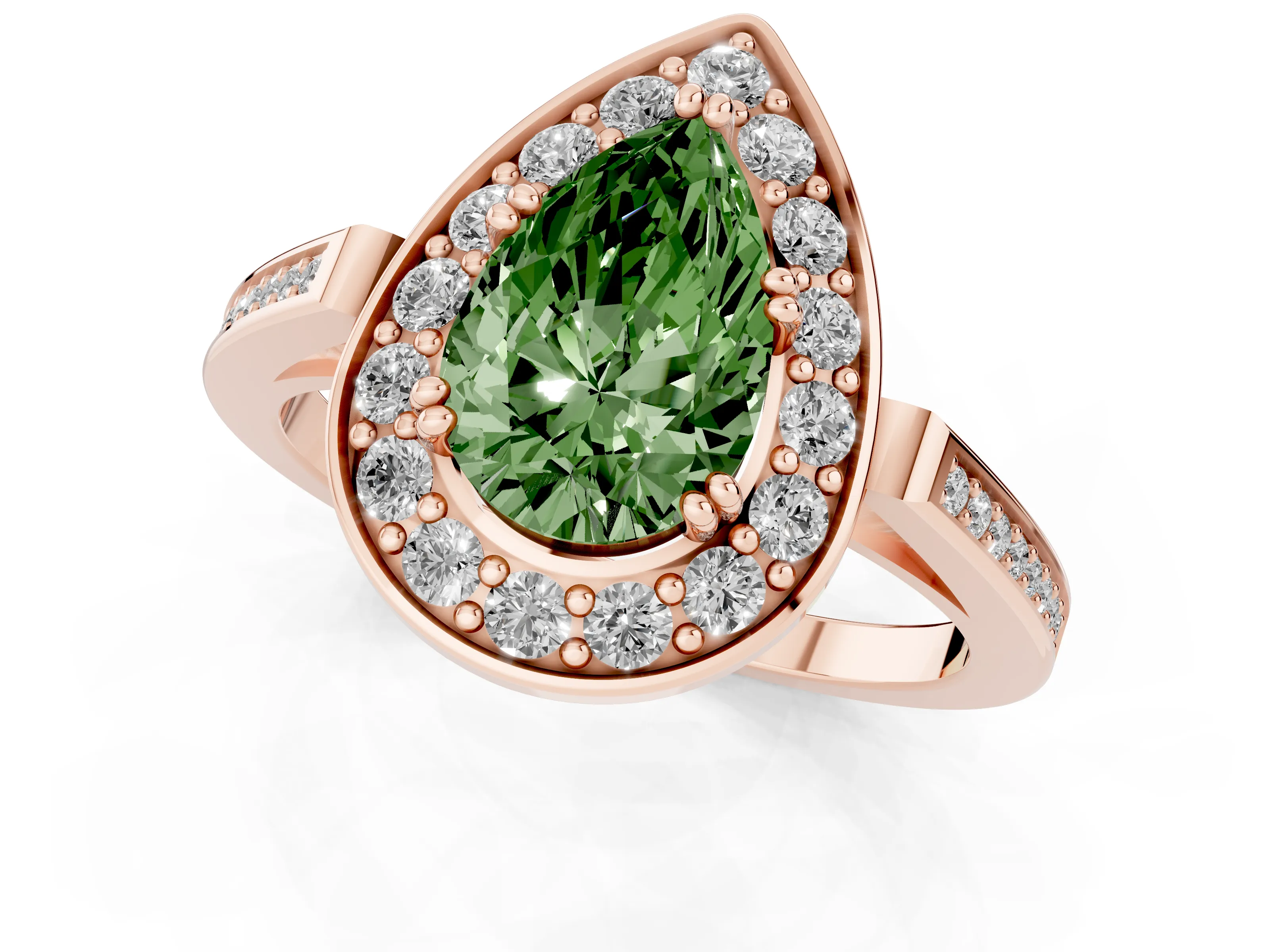 Fancy Green Pear Cut Diamond Halo Ring Set in Rose gold with Accent-Lined Split Shank and Prong Setting