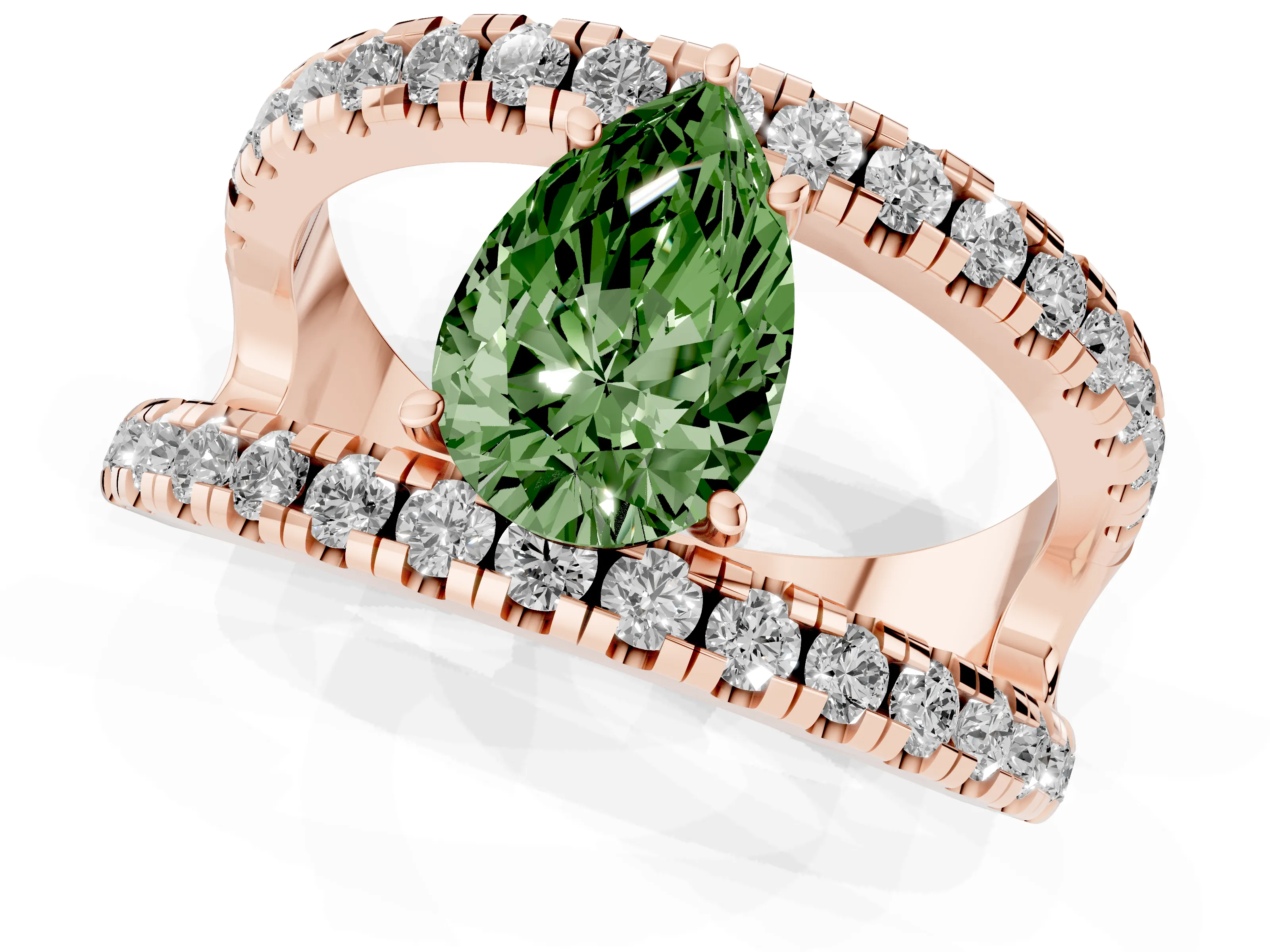Fancy Green Pear Cut Diamond Split Shank Pavé Solitaire Ring Set in Rose gold with Open Shank Design
