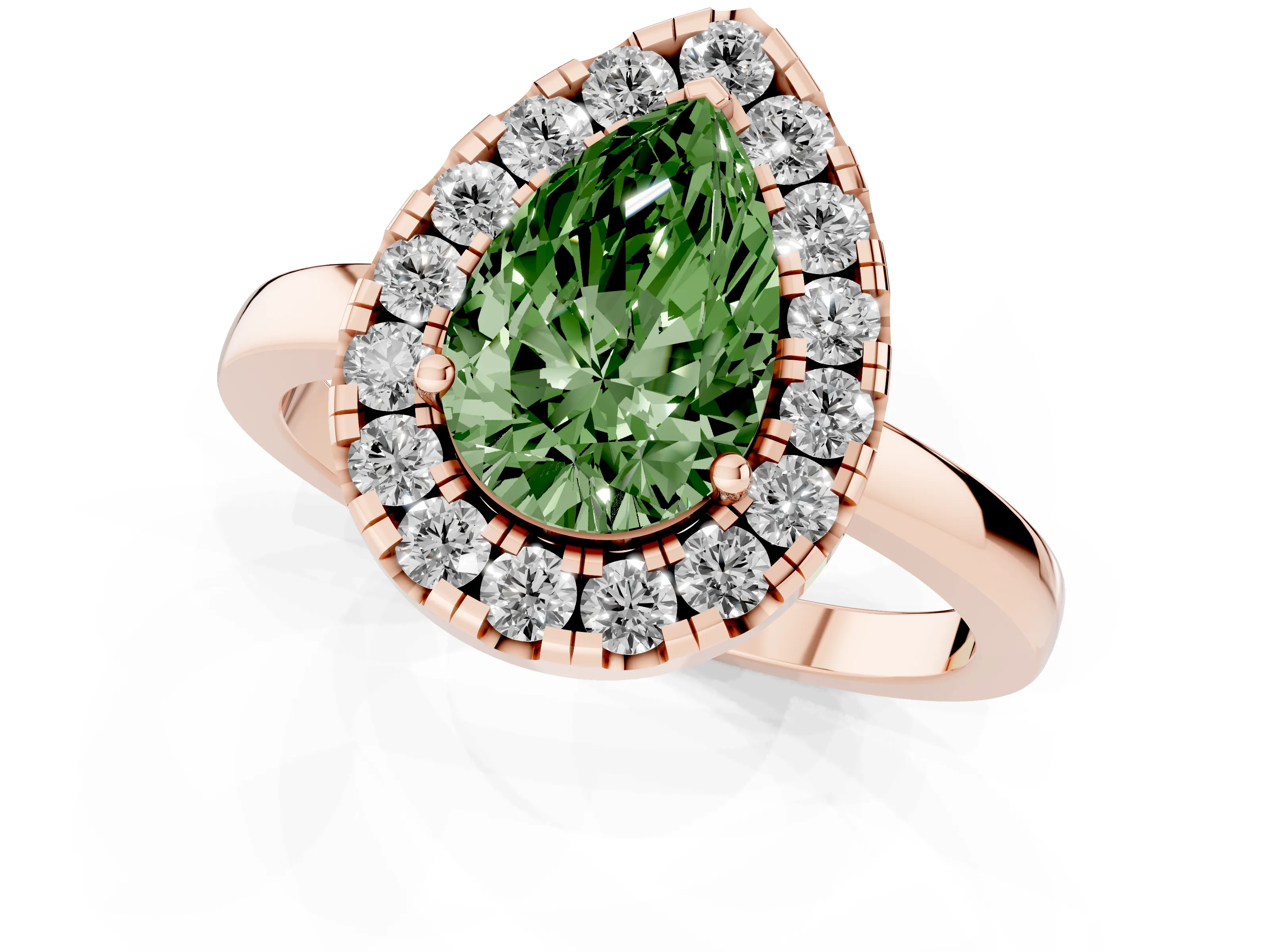 Fancy Green Pear Cut Diamond Halo Solitaire Ring Set in Rose gold with Pavé Band and Prong Setting