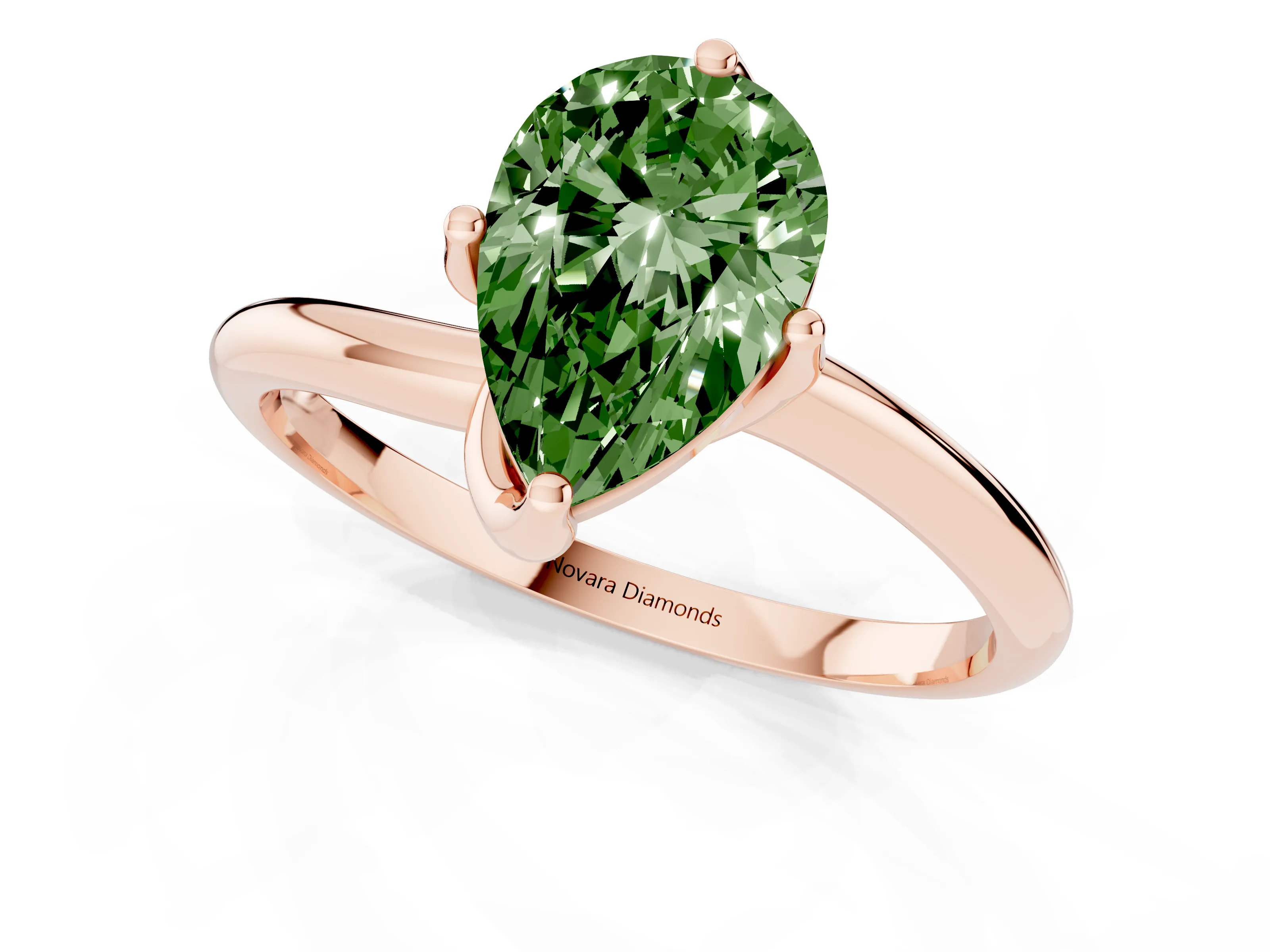 Fancy Green Pear Cut Diamond Solitaire Engagement Ring Set in Rose gold with Classic Plain Band