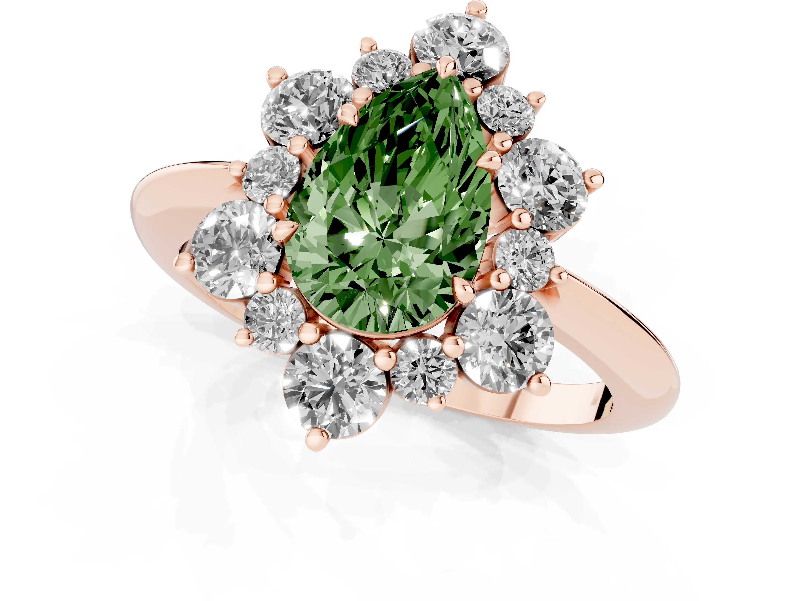 Fancy Green Pear Cut Diamond Cluster Halo Ring Set in Rose gold with Solitaire Band and Prong Setting