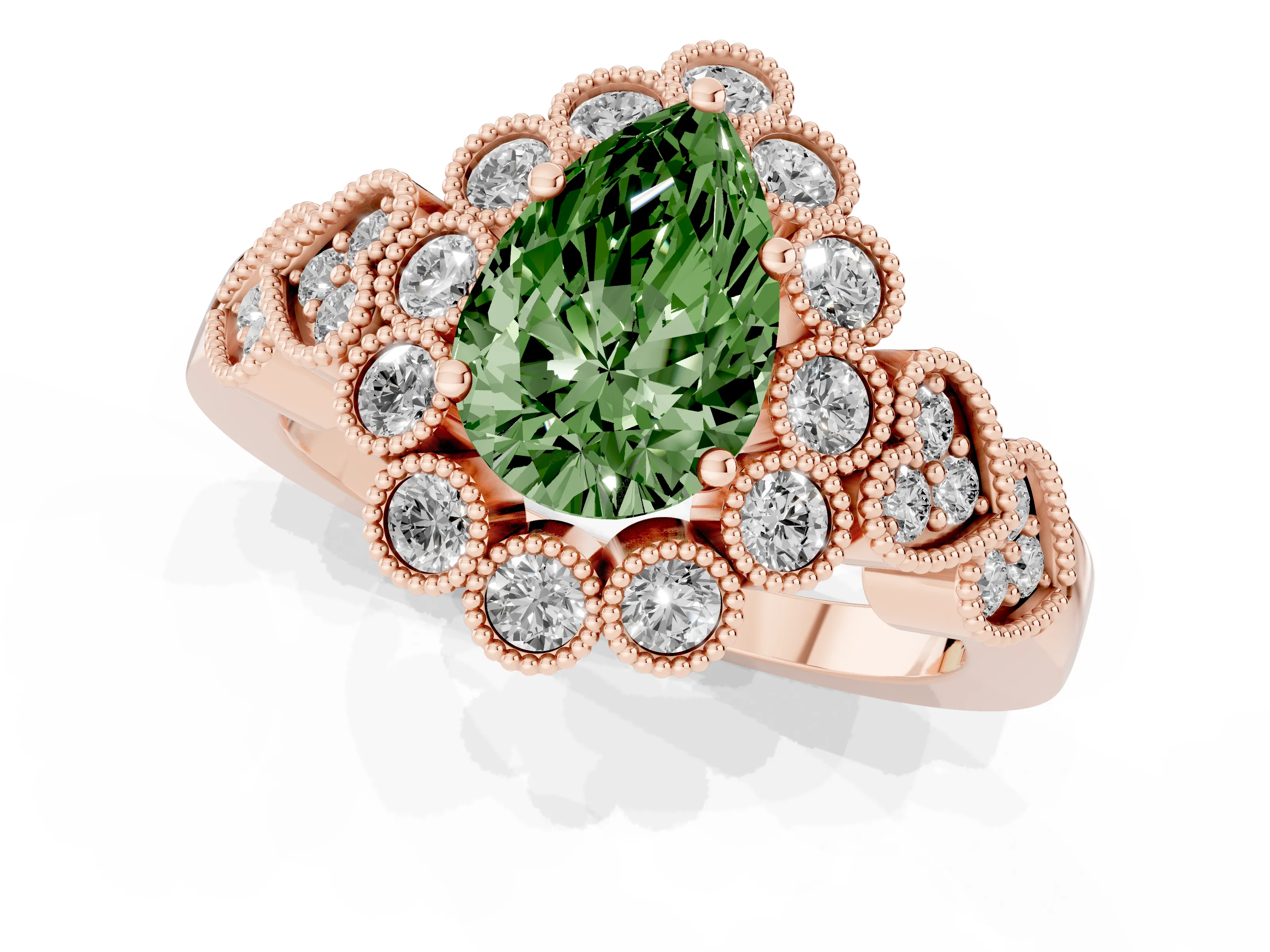 Fancy Green Pear Cut Diamond Solitaire Ring Set in Rose gold with Milgrain Pavé Heart Band