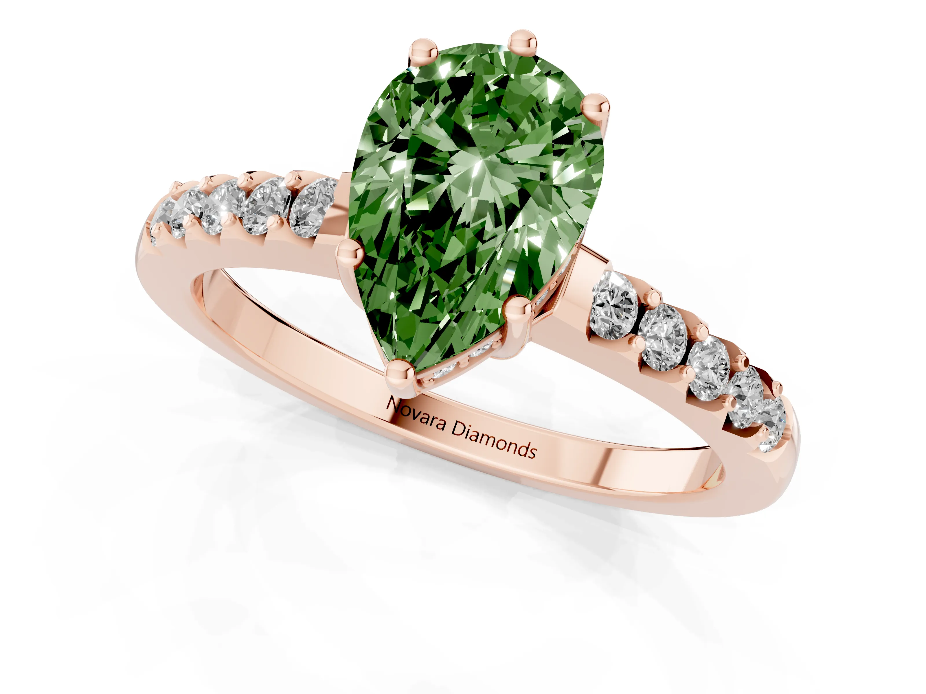 Fancy Green Pear Cut Diamond Solitaire Engagement Ring Set in Rose gold with Pavé Band and Prong Setting