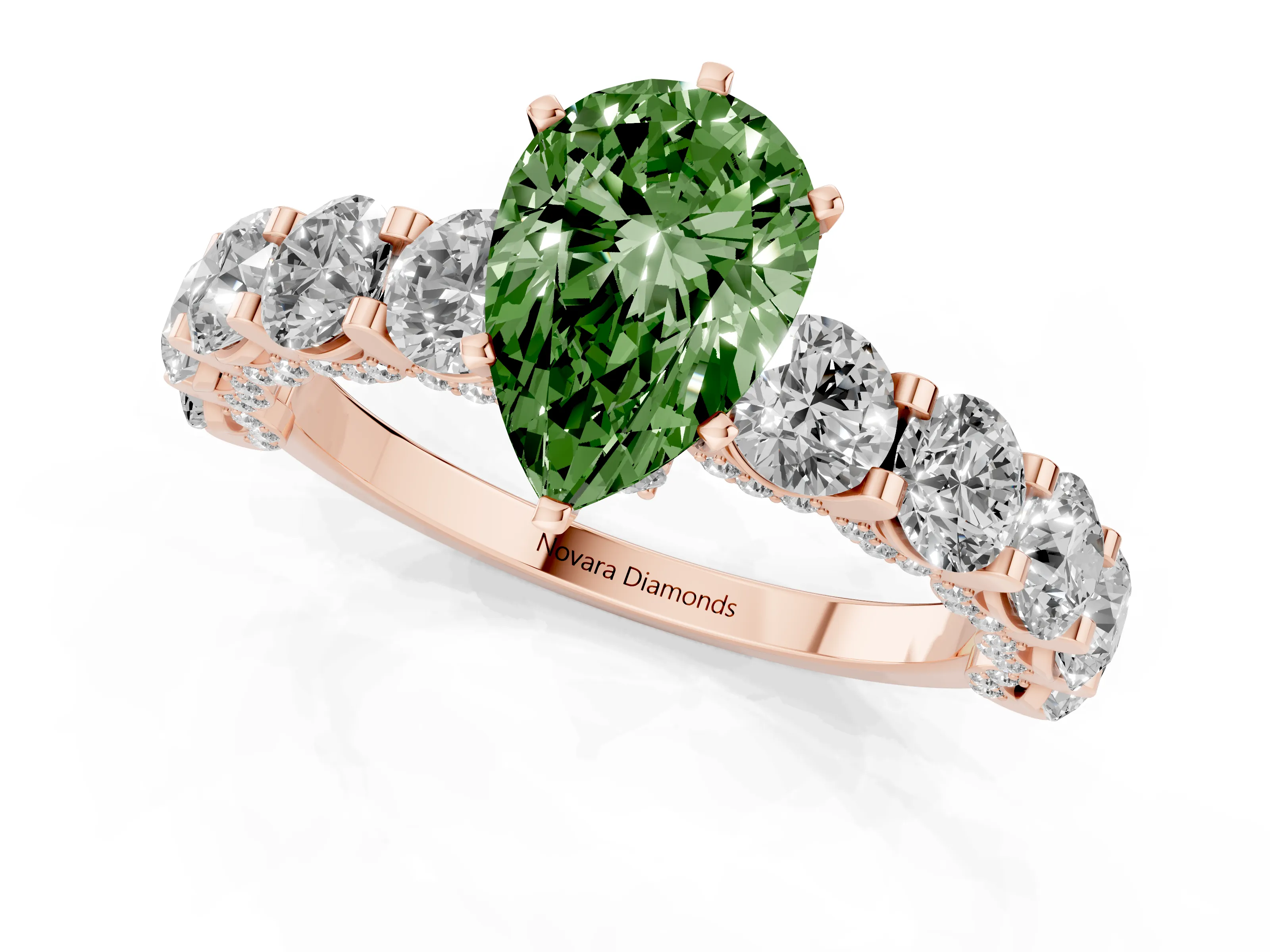 Fancy Green Pear Cut Diamond Side Stone Ring Set in Rose gold with Alternating Round and Oval Side Stones