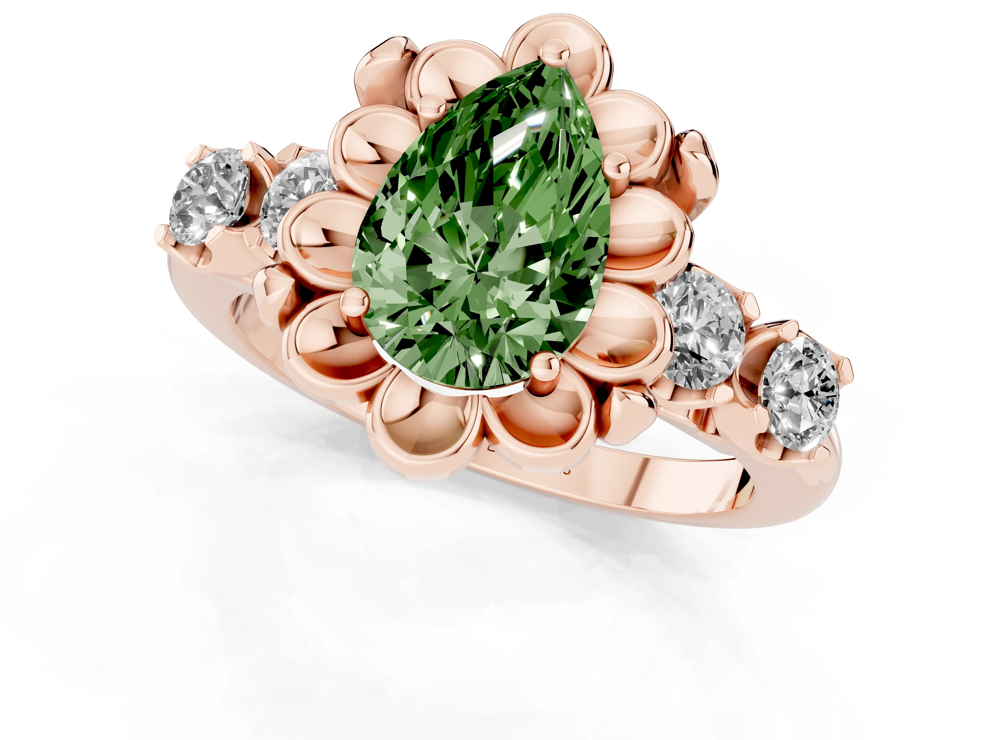Fancy Green Pear Cut Diamond Floral Halo Ring Set in Rose gold with Shared Prong Band