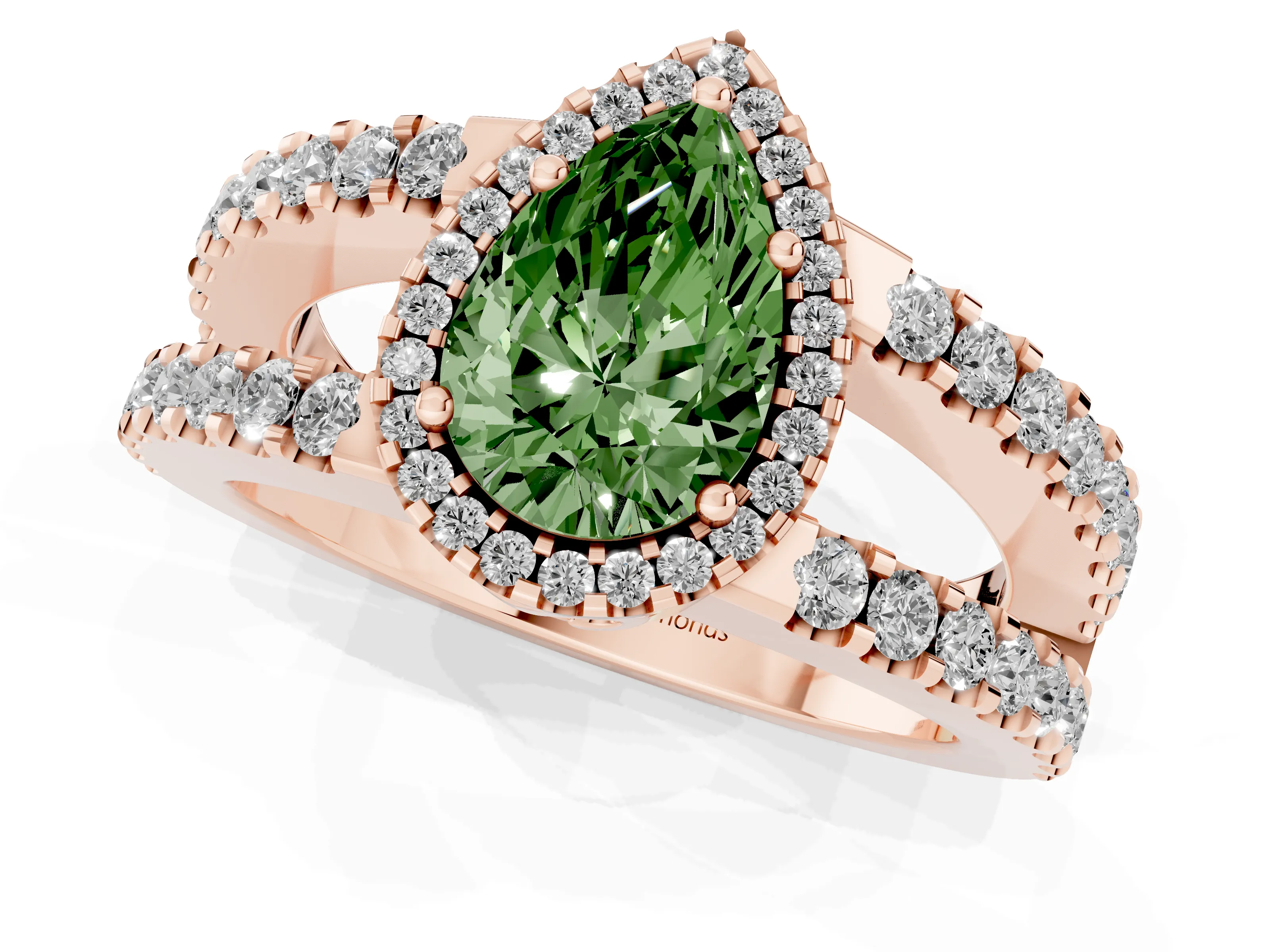 Fancy Green Pear Cut Diamond Halo Ring Set in Rose gold with Pavé Split Shank and Prong Setting