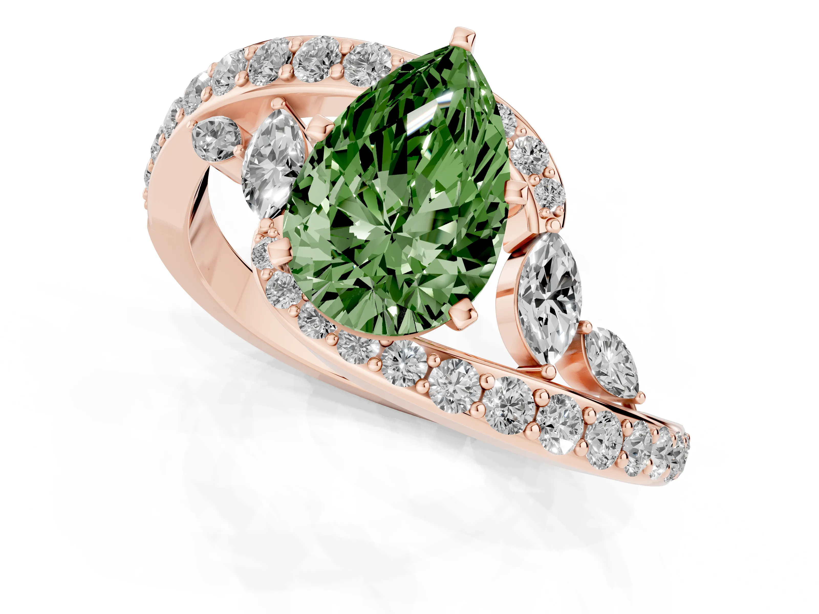 Fancy Green Pear Cut Diamond Solitaire Ring Set in Rose gold with Pavé Twist Band and Secure Prong Setting