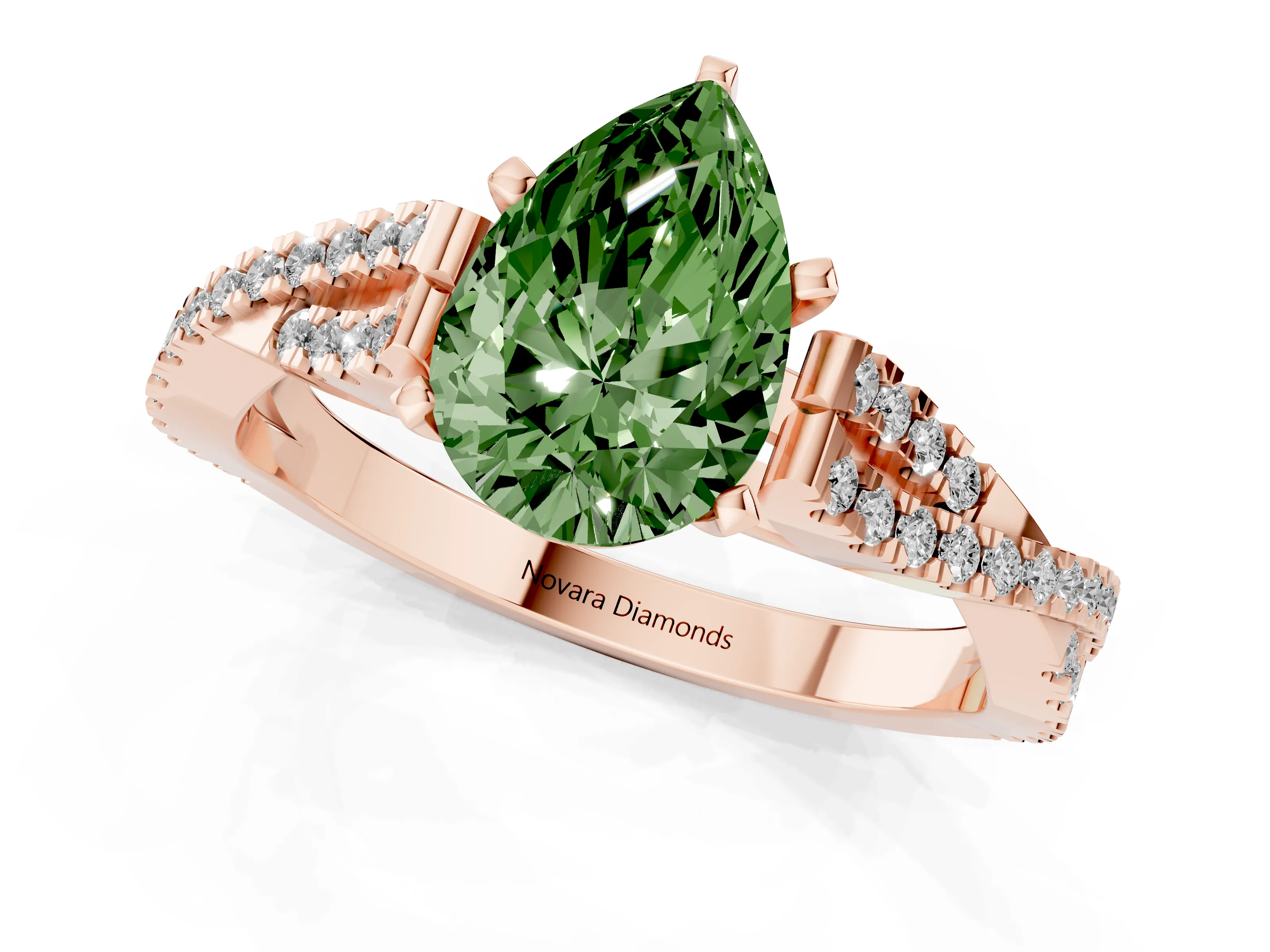 Fancy Green Pear Cut Diamond Solitaire Engagement Ring Set in Rose gold with Twisted Pavé Band and Prong Setting