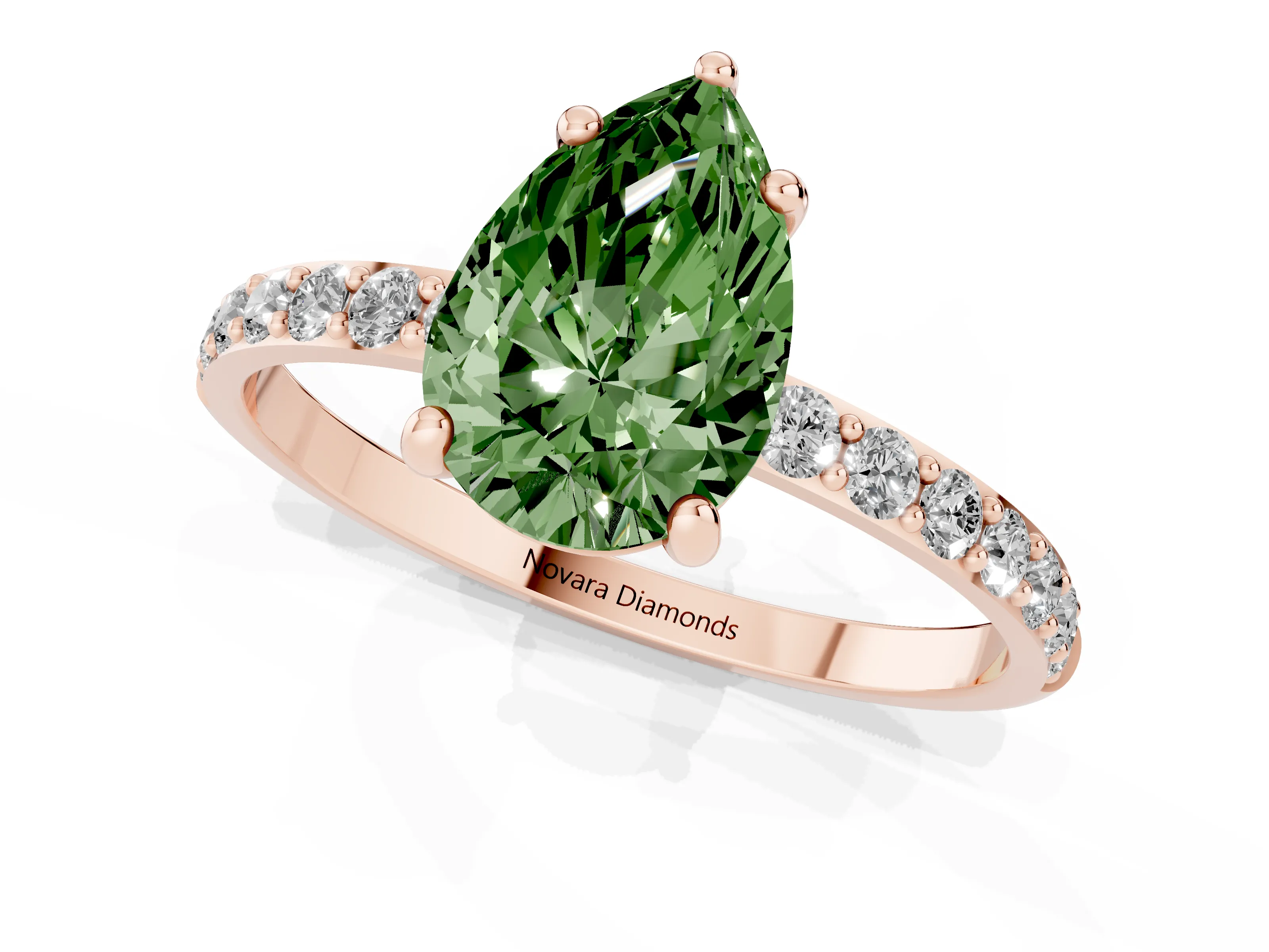 Fancy Green Pear Cut Diamond Solitaire Ring Set in Rose gold with Round Pavé Band and Prong Setting