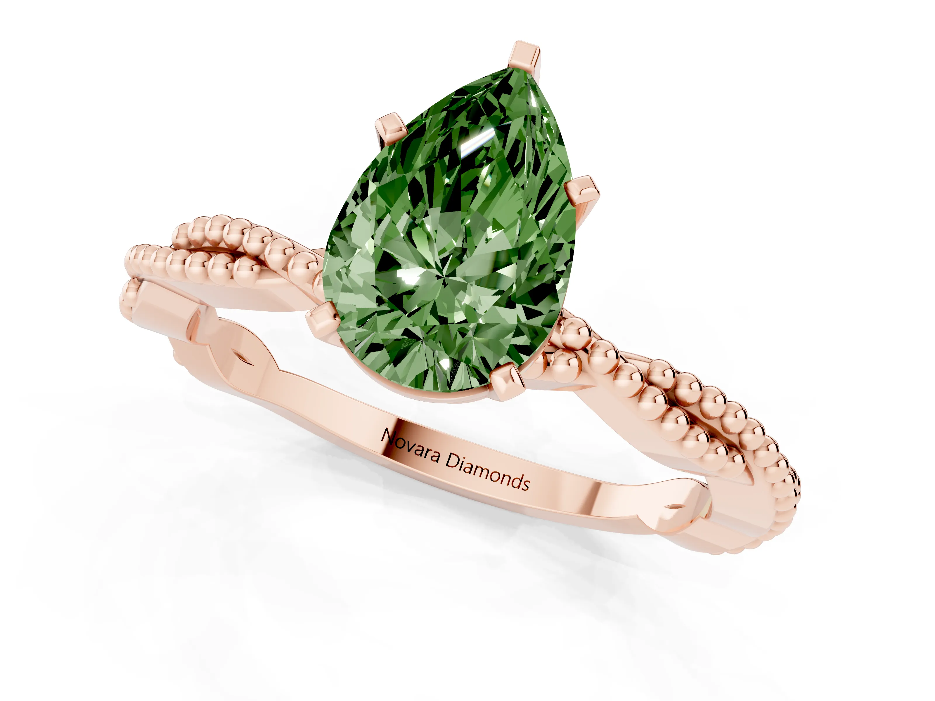 Fancy Green Pear Cut Diamond Solitaire Ring Set in Rose gold with Twisted Band and Bead Prong Setting