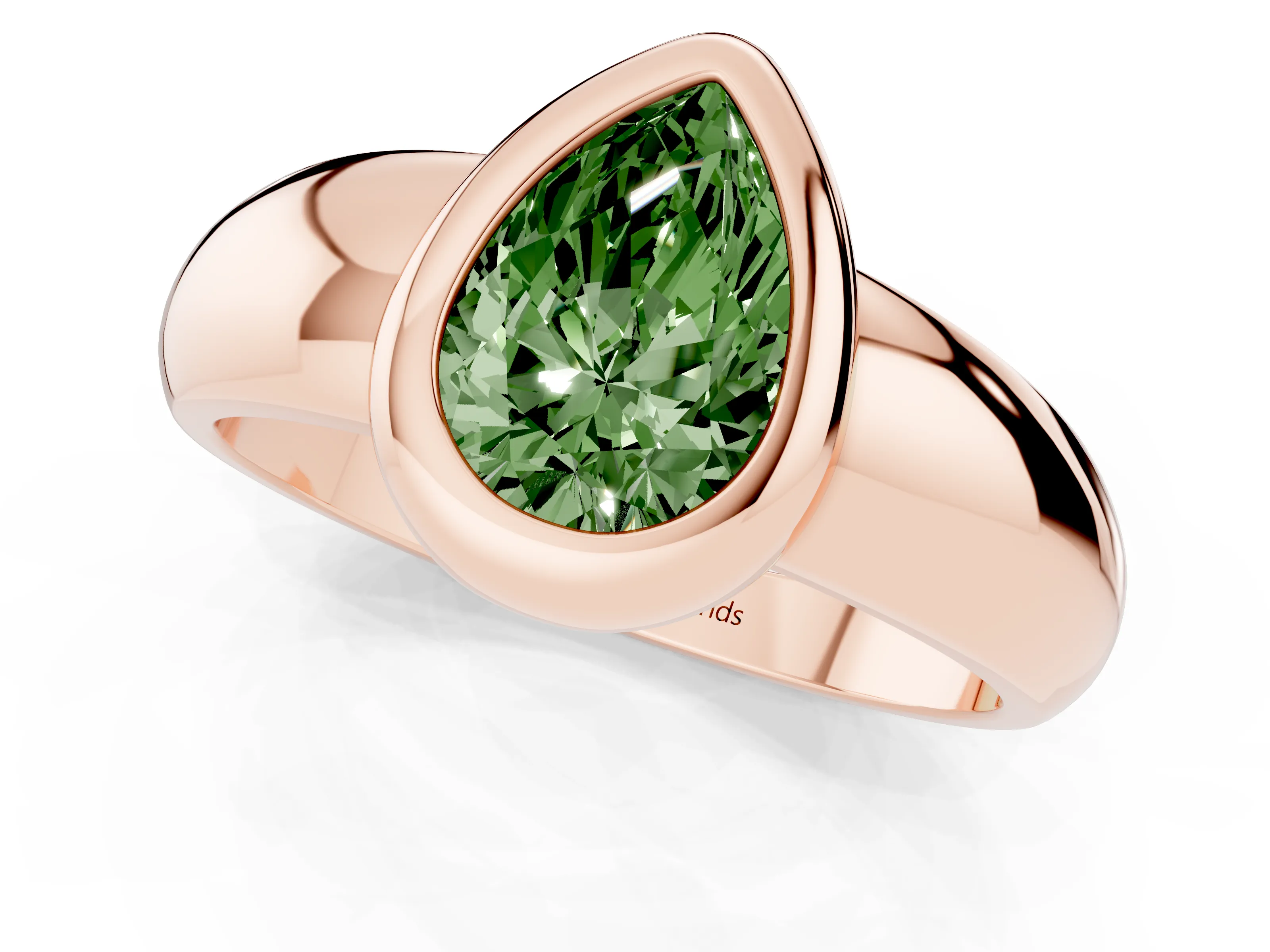Fancy Green Bezel Set Pear Cut Diamond Solitaire Ring Set in Rose gold with Wide Band