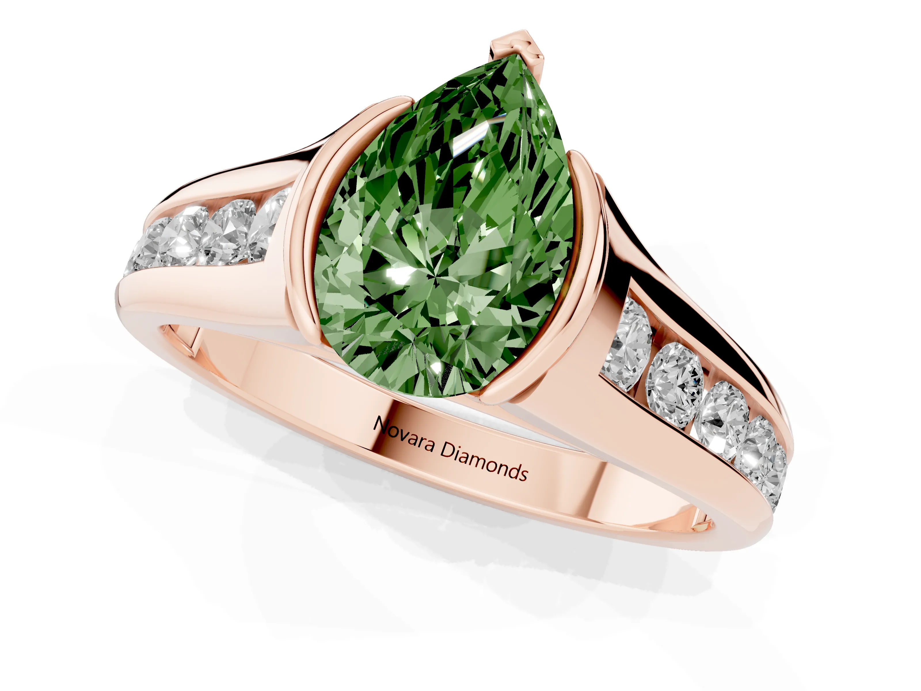 Fancy Green Pear Cut Diamond Bezel-Set Solitaire Ring Set in Rose gold with Channel-Set Band