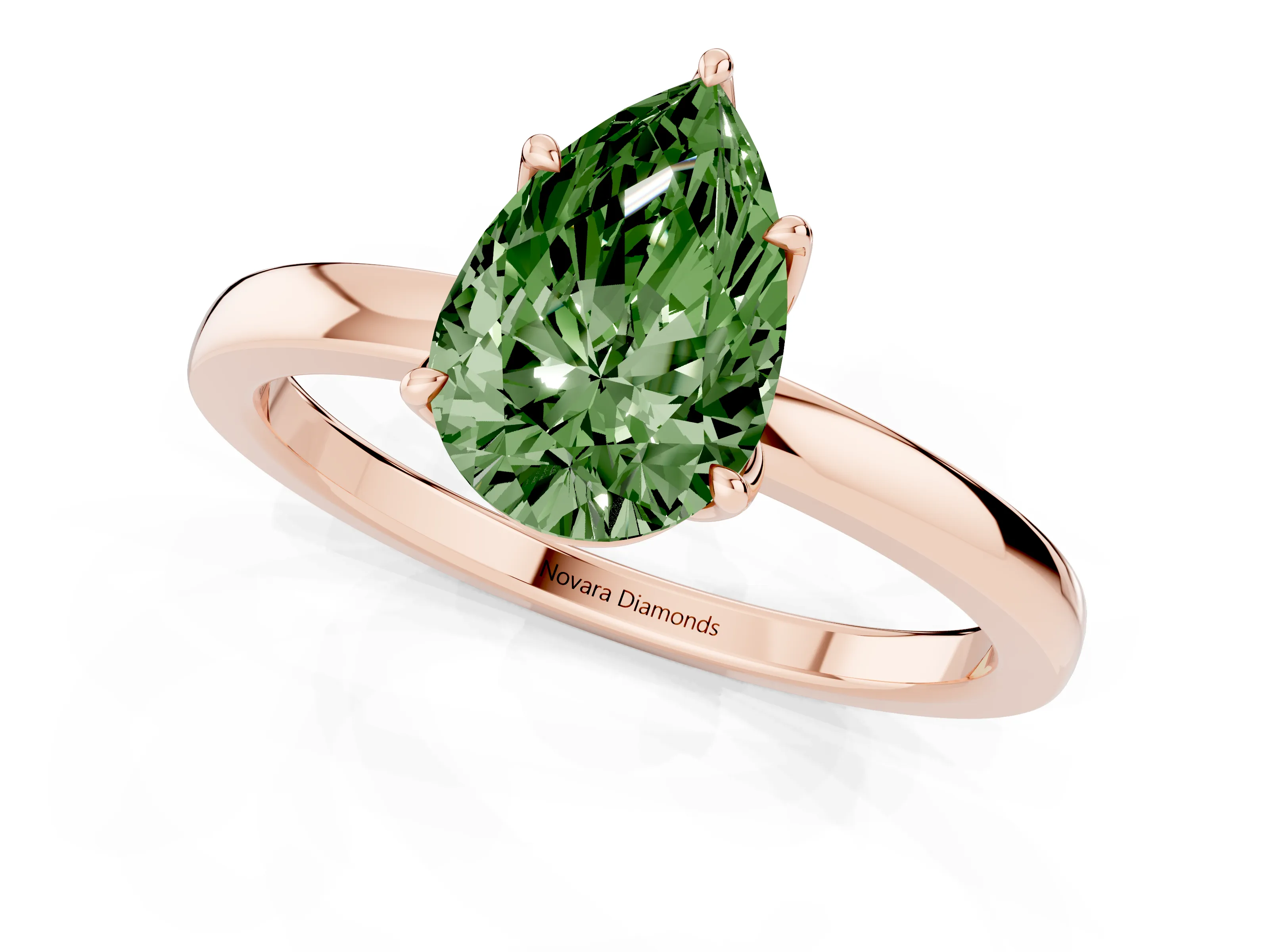 Fancy Green Pear Cut Diamond Solitaire Ring Set in Rose gold with Prong Setting and Thin Polished Band