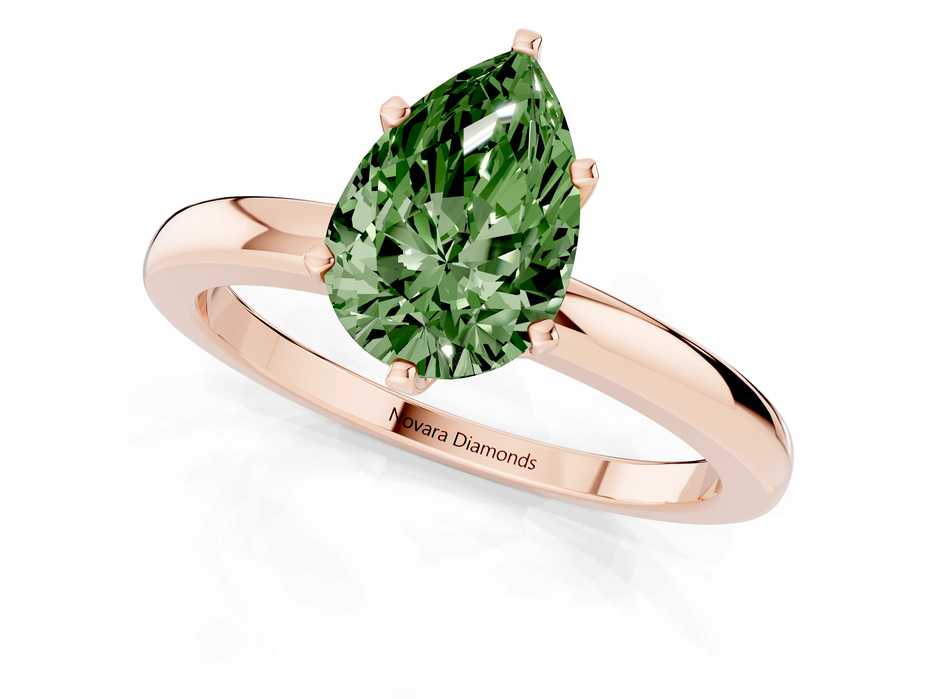 Fancy Green Pear Cut Diamond Solitaire Ring Set in Rose gold with Raised Prong Setting on a Classic Band