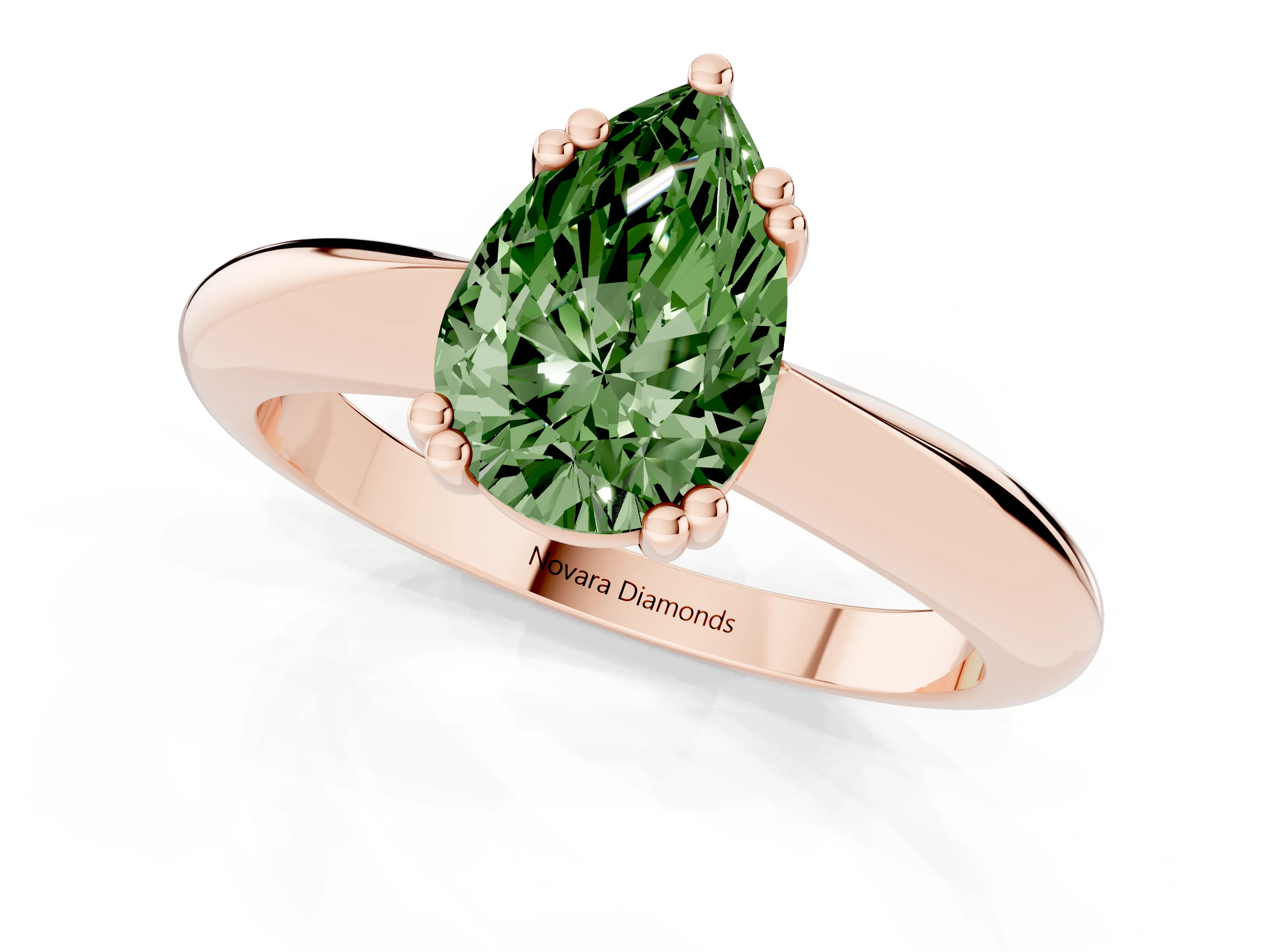 Fancy Green Pear Cut Diamond Solitaire Engagement Ring Set in Rose gold with Tapered Band and Prong Setting