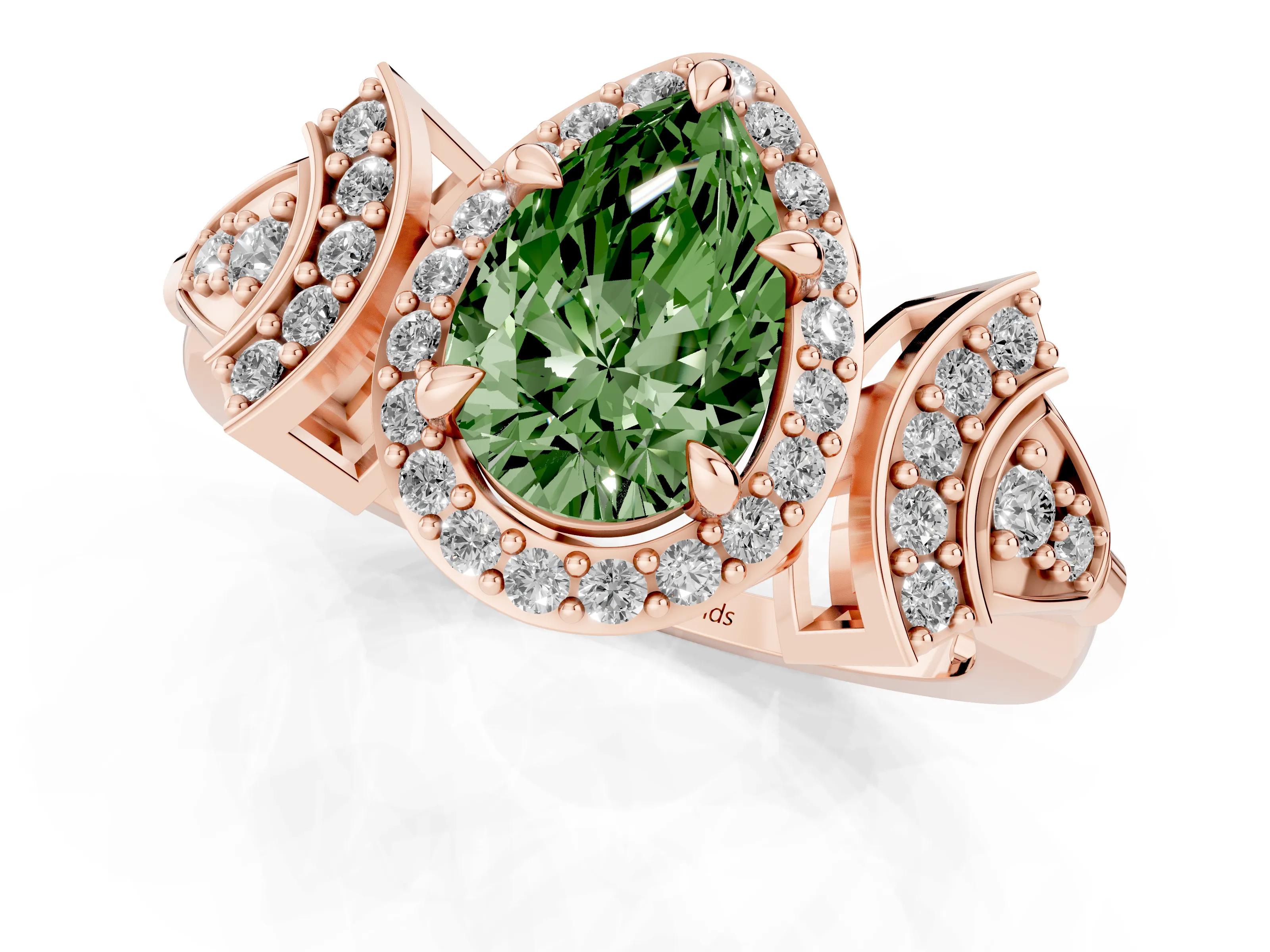 Fancy Green Pear Cut Diamond Halo Engagement Ring Set in Rose gold with Accent Stone Split Shank