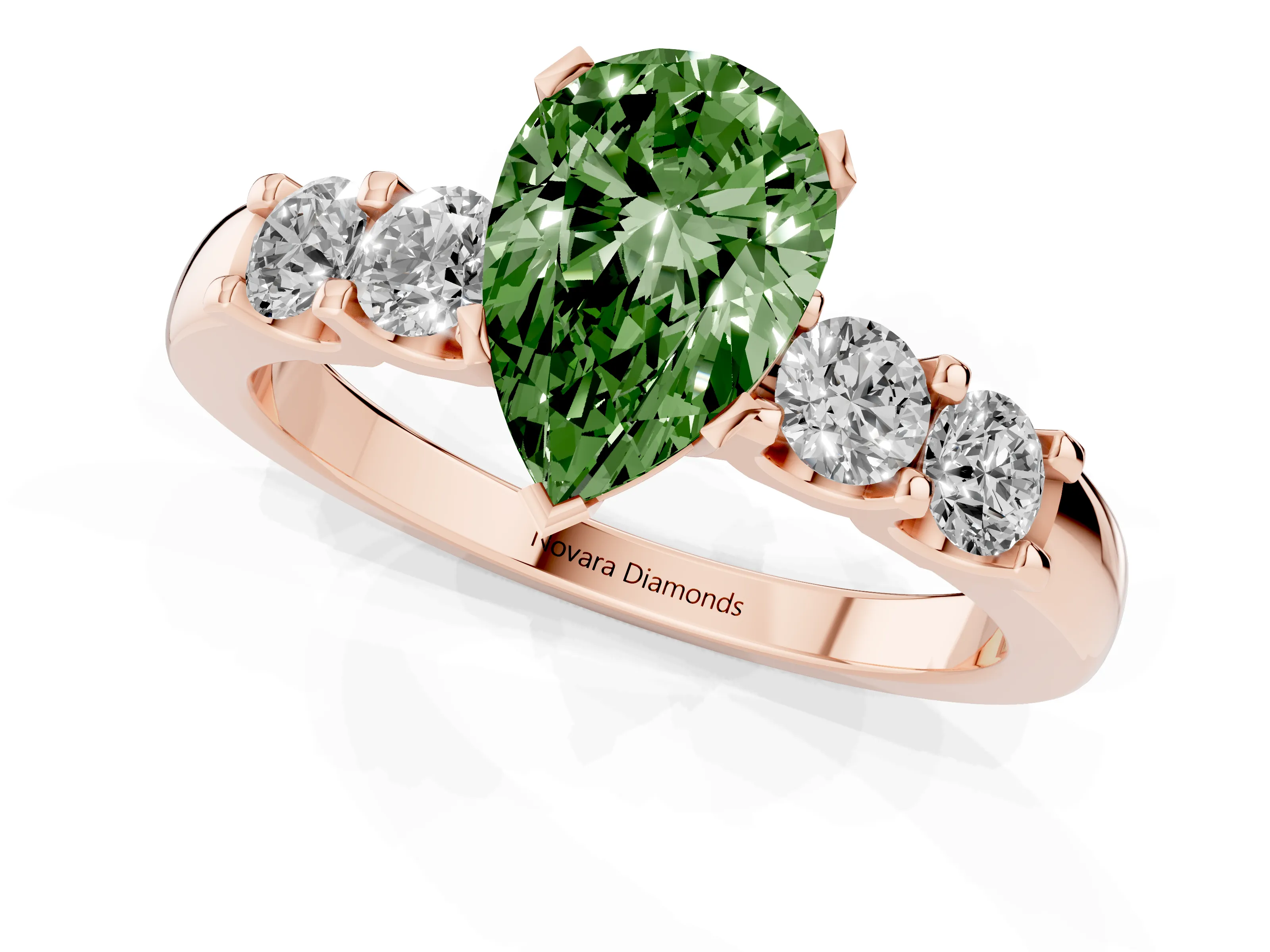 Fancy Green Pear Cut Diamond Five-Stone Prong Set Engagement Ring Set in Rose gold with Channel Band