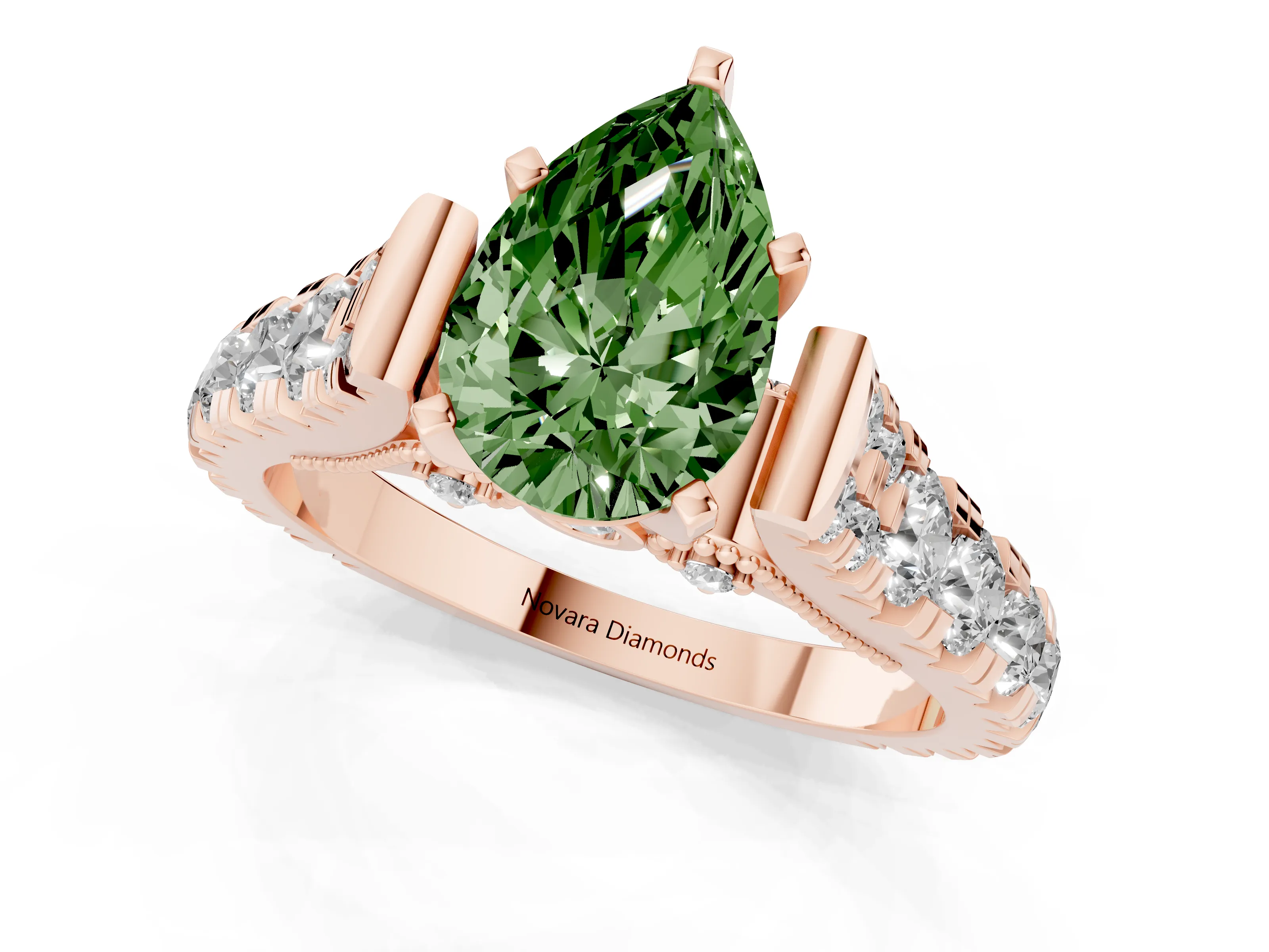 Fancy Green Pear Cut Diamond Classic Solitaire Ring Set in Rose gold with Pavé Band and Prong Setting