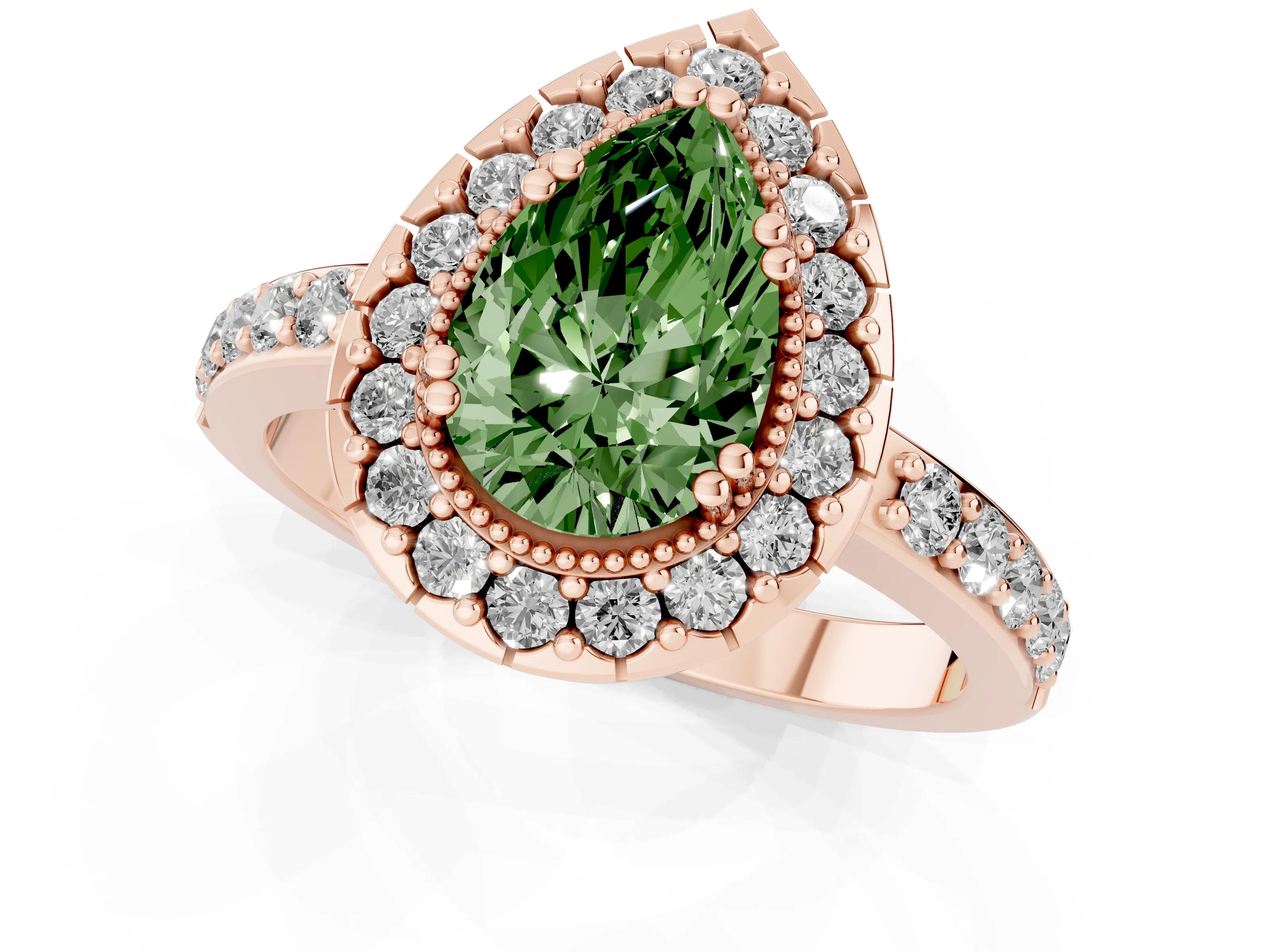 Fancy Green Pear Cut Diamond Halo Ring Set in Rose gold with Pavé Shank and Prong Setting